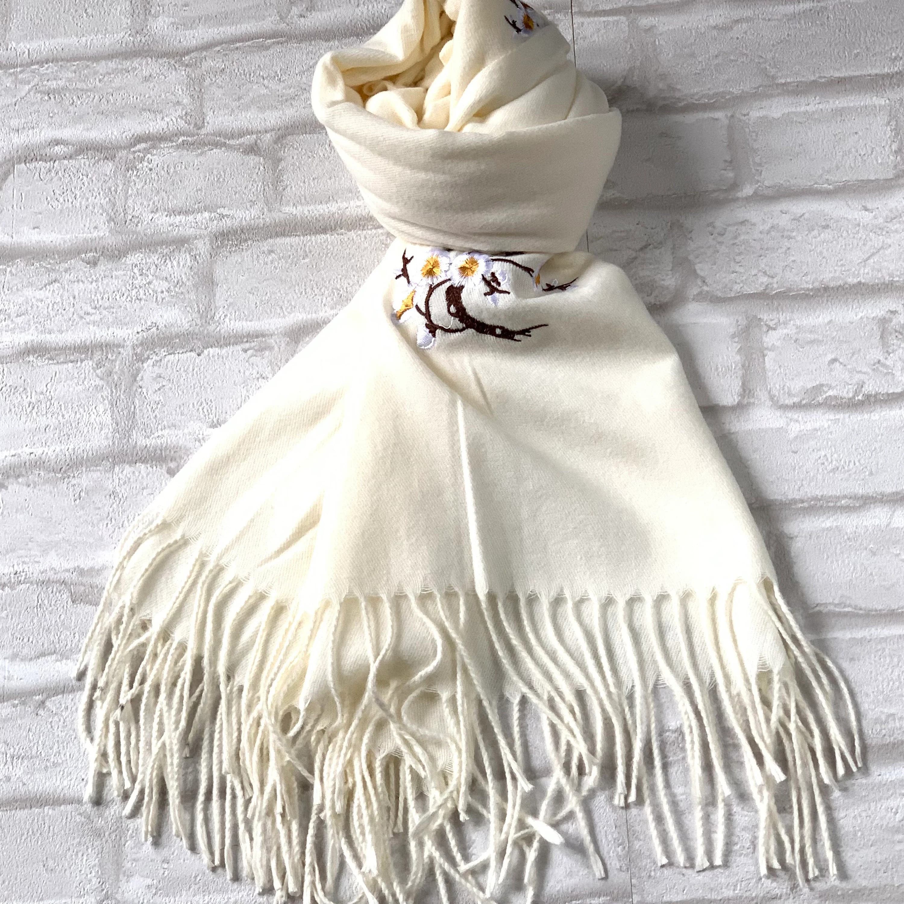 Embroidered Blossom Pashmina Scarf: Cream Winter Shawl - image 4