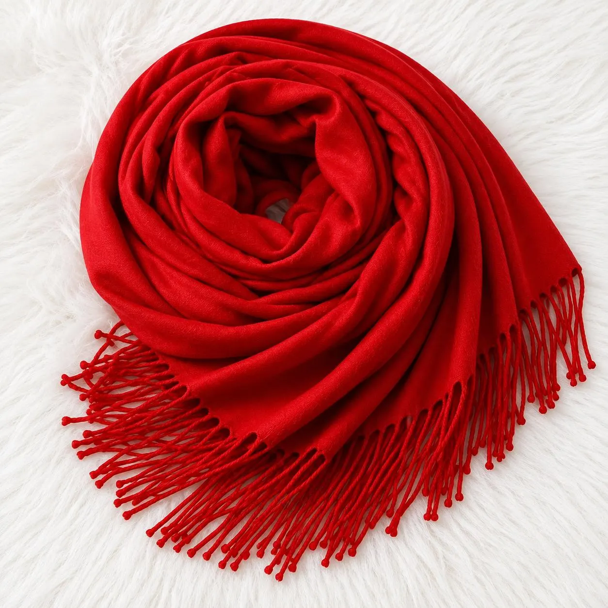 Christmas Red Pashmina Scarf  Women, Soft Winter Shawl, Red Wrap with Fringe, Gift for Her, Festive Scarf
