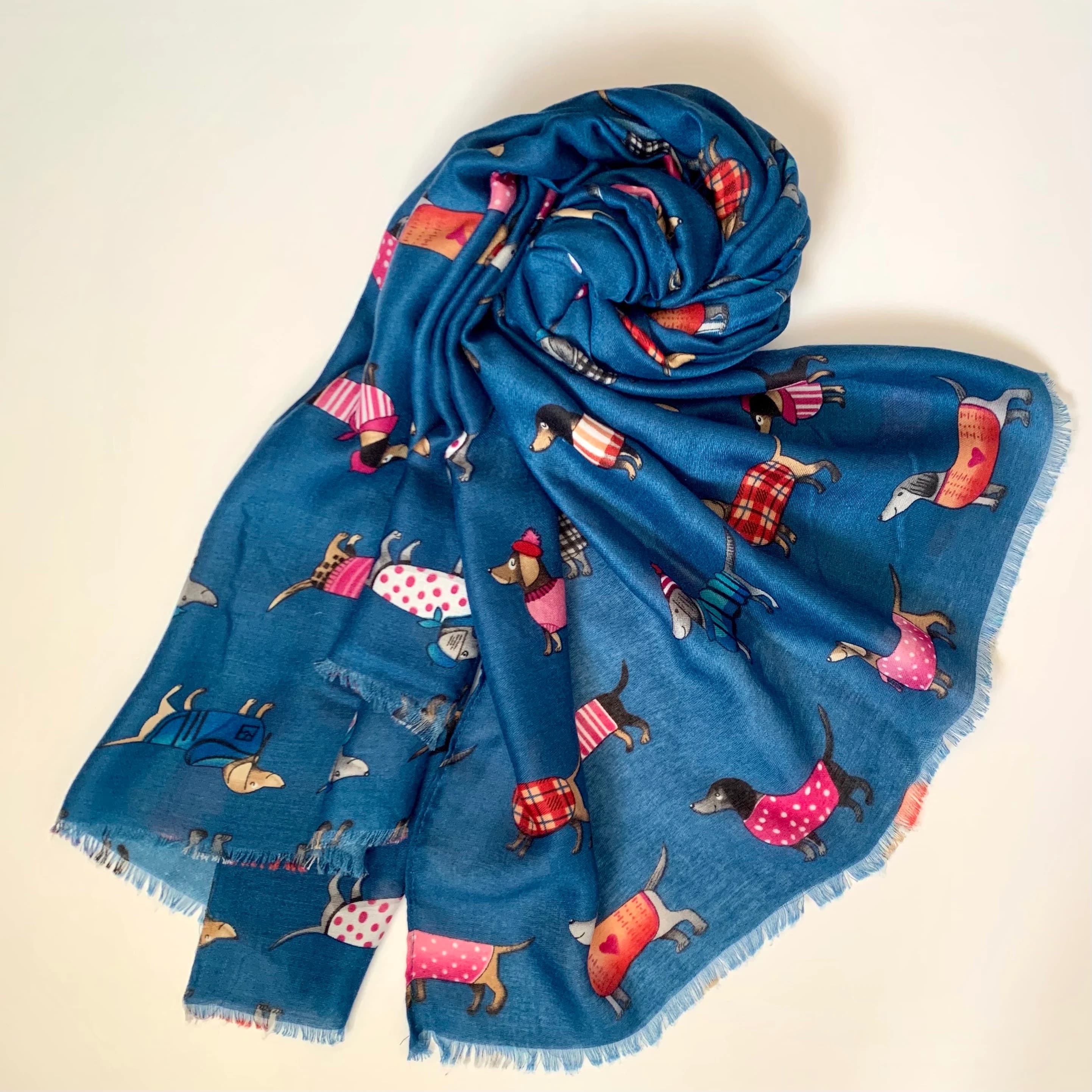 Sausage Dog Blue Print Scarf, Soft Viscose Gifts For Her Mum Sister Birthday Christmas