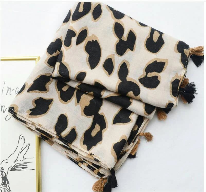 Leopard Print Viscose Scarf with Tassels Boho Festival Shawl Headscarf Gift For Her Birthday