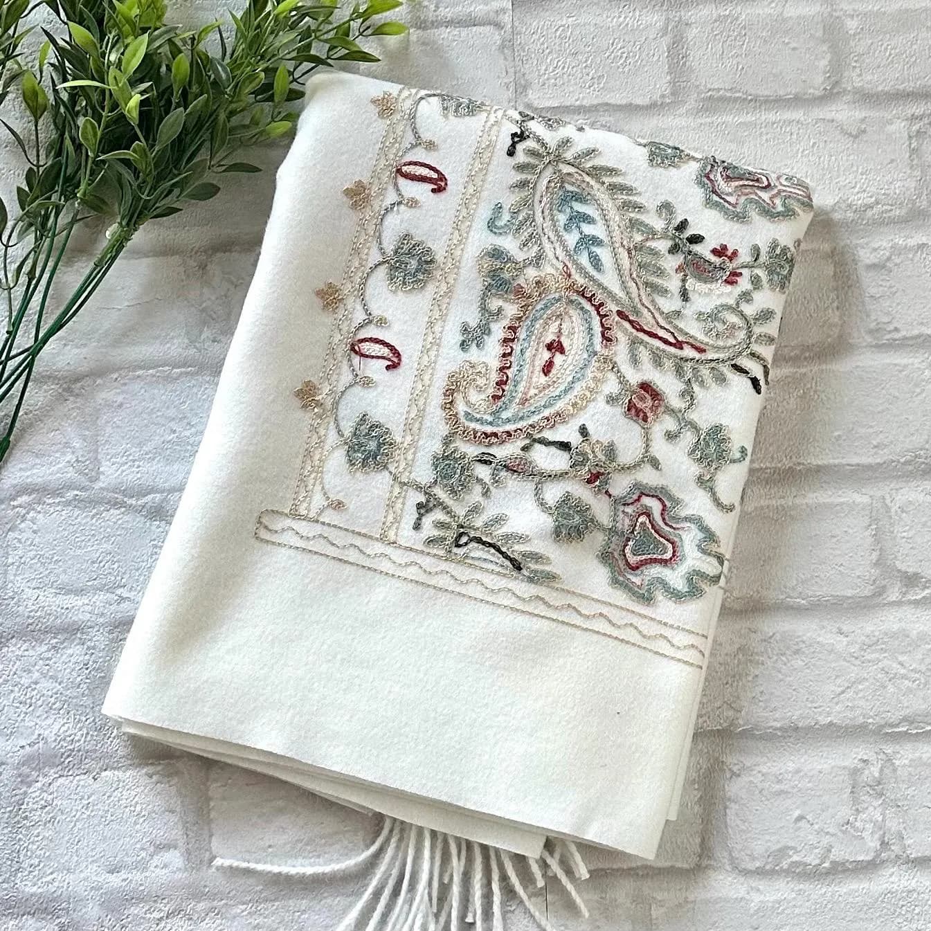 Ivory Embroidered Scarf Kashmiri Paisley Shawl Pashmina Winter Wrap Birthday Gift For Her Bride