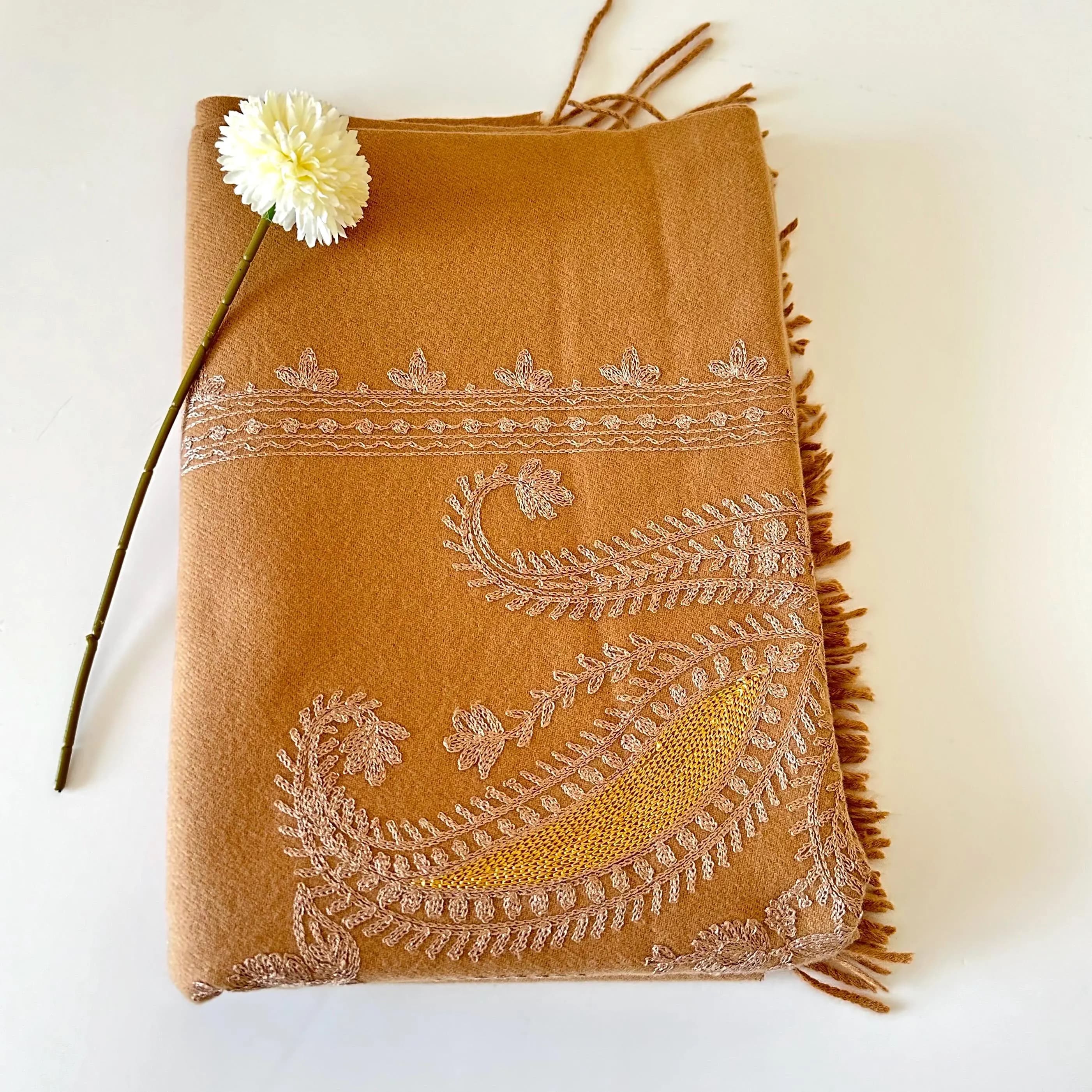 Hand Embroidered Pashmina Scarf: Latte Brown, Kashmiri Style