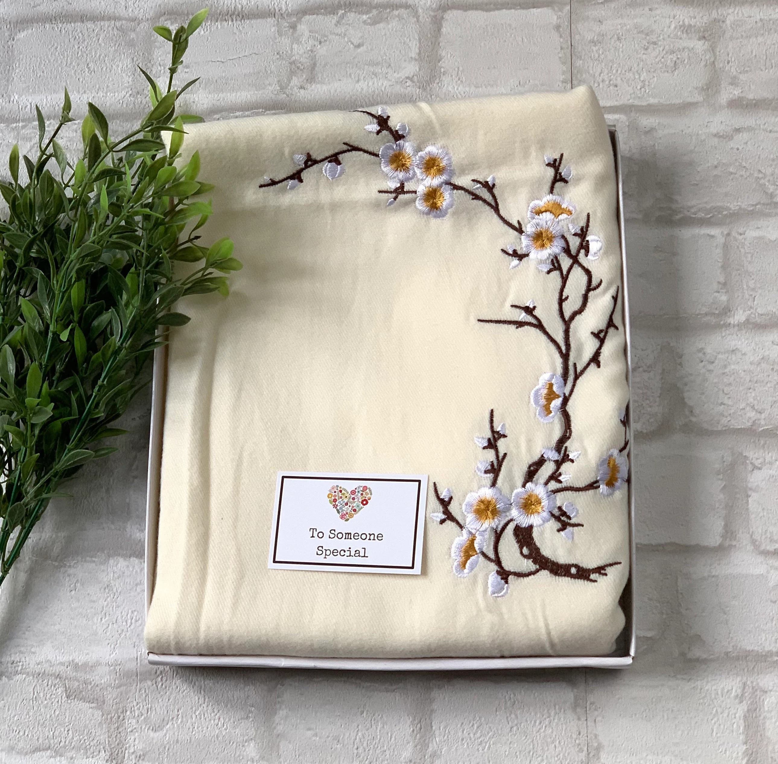 Embroidered Blossom Pashmina Scarf: Cream Winter Shawl - image 3