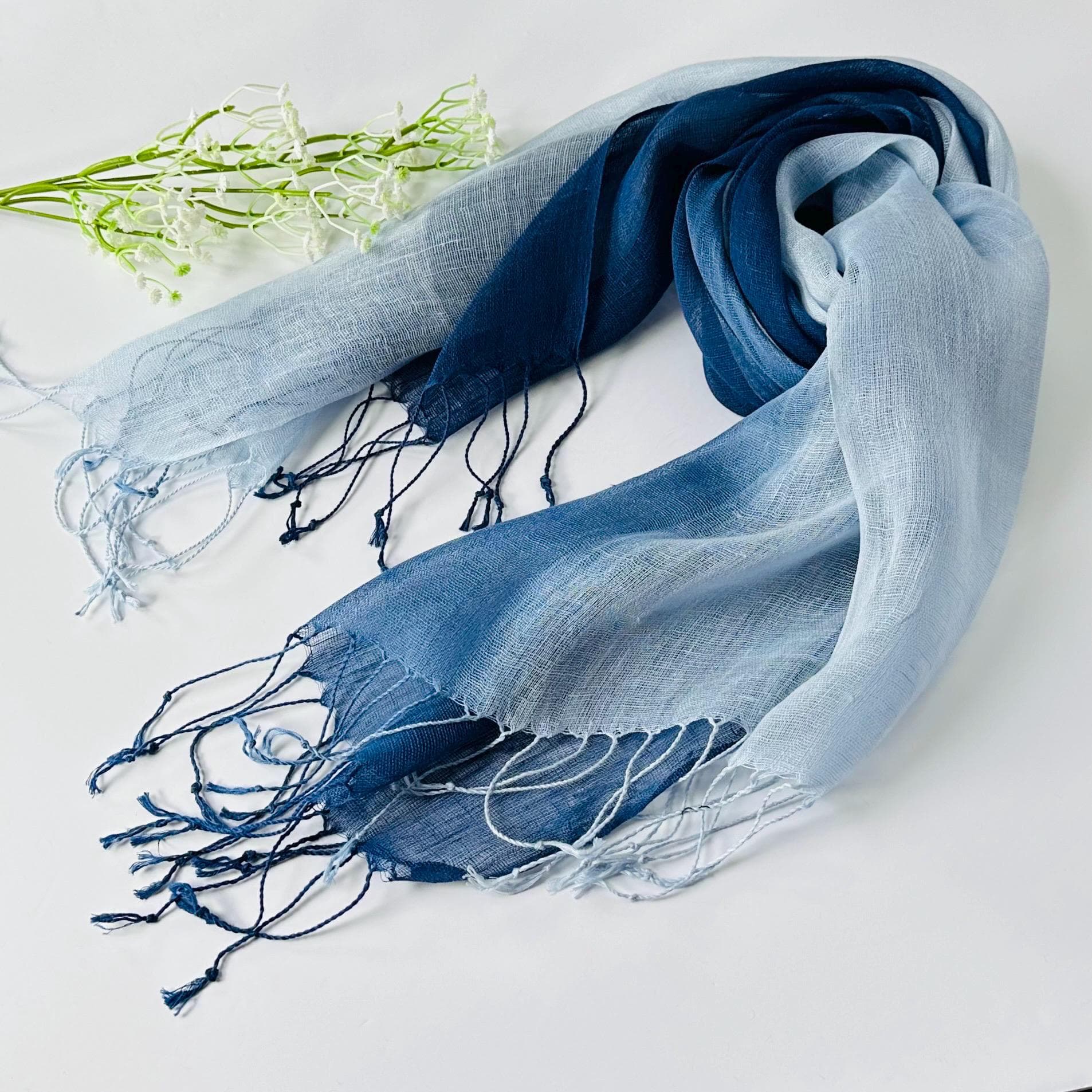 Blue & White Linen Scarf – Lightweight Tassel Wrap Gift For Her Mum - image 3
