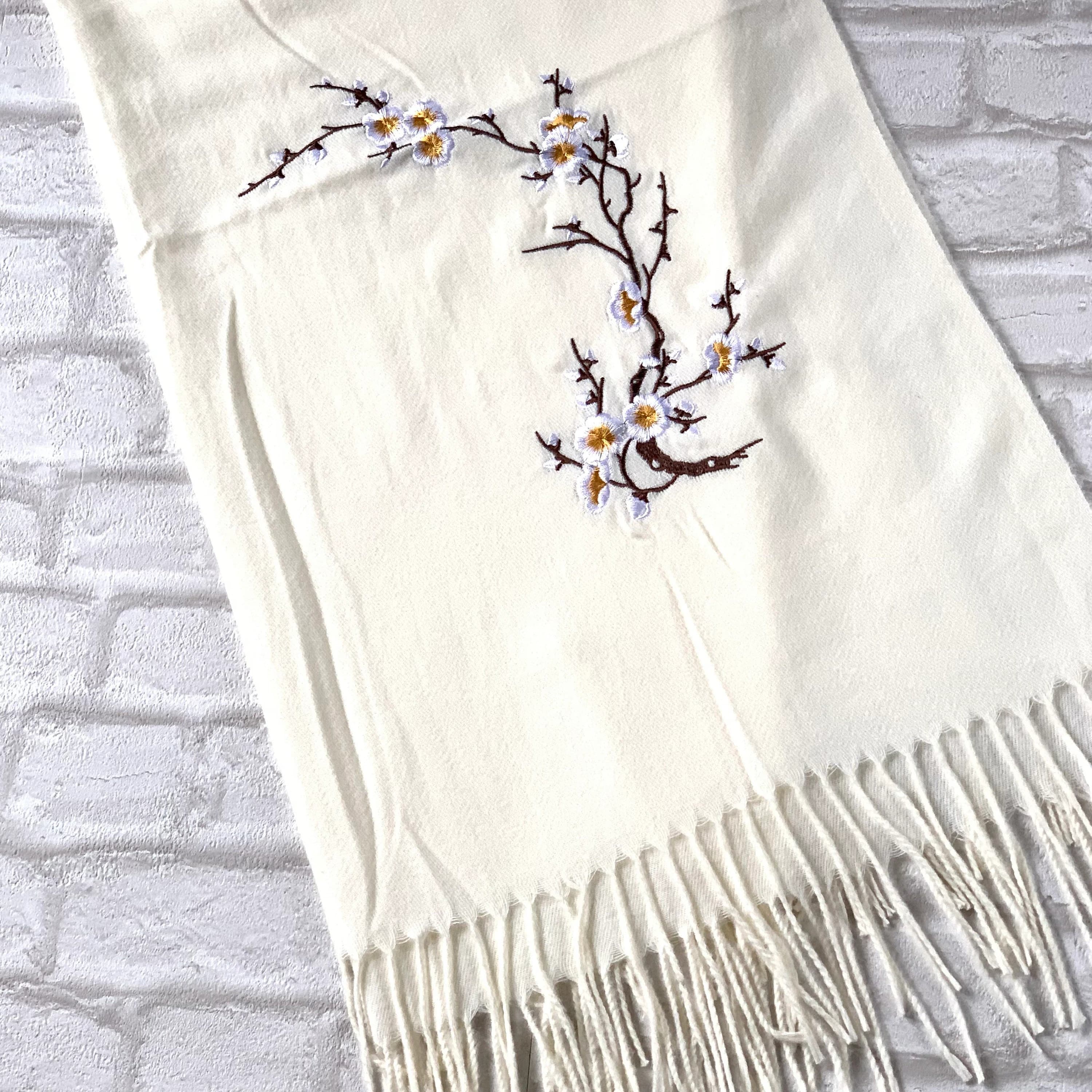 Embroidered Blossom Pashmina Scarf: Cream Winter Shawl