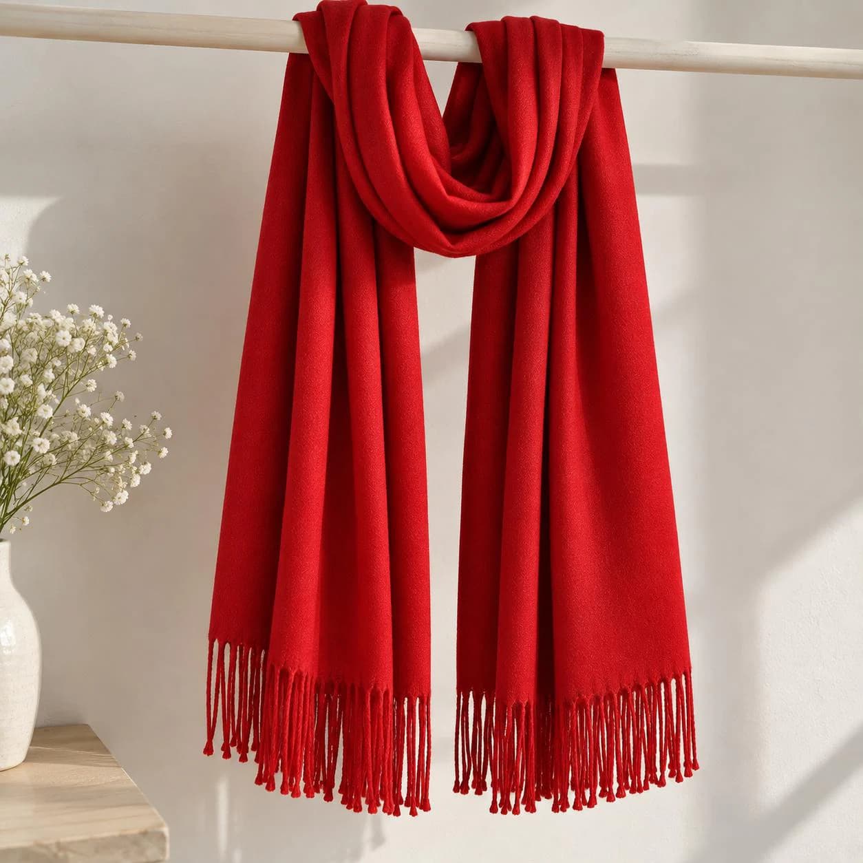 Christmas Red Pashmina Scarf  Women, Soft Winter Shawl, Red Wrap with Fringe, Gift for Her, Festive Scarf - image 5