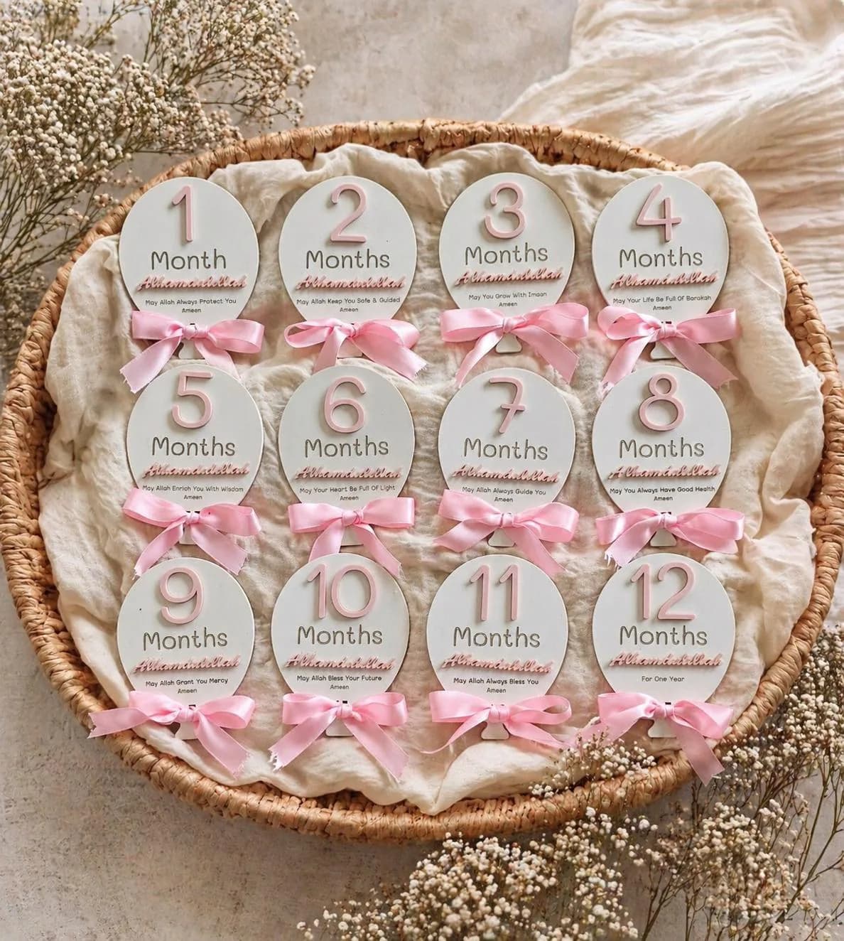 Islamic Baby Milestone Cards Muslim Baby Month Plaques Alhamdulillah Baby Gift Set Baby Shower Gift Boy Girl Pink Blue Nursery Photo Prop - image 3