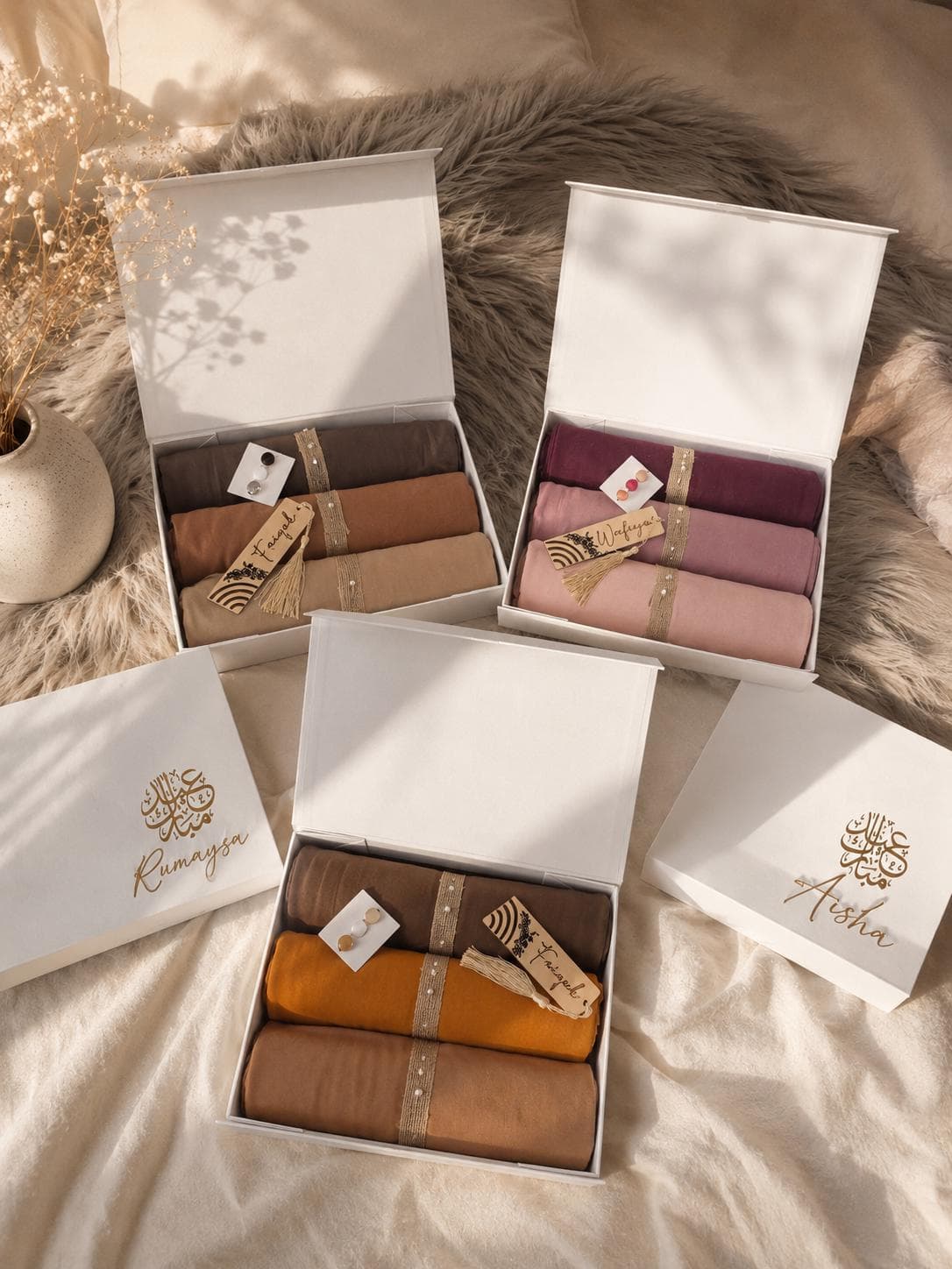 Personalised Cotton Jersey Hijab Gift Box, 3 Hijabs, Engraved Name Bookmark & Hijab Magnets, Eid Islamic Gift for Her, Luxury Muslimah Gift - image 3