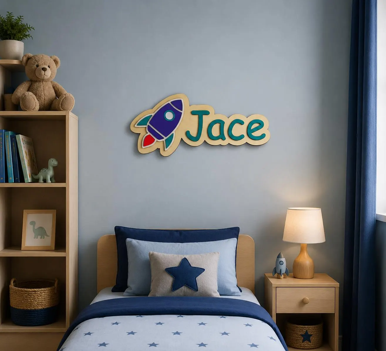 Personalised Boys Rocket Name Plaque Custom Bedroom Door Sign English & Arabic Name Sign Space Nursery Decor Gift for Boys Bedroom Decor