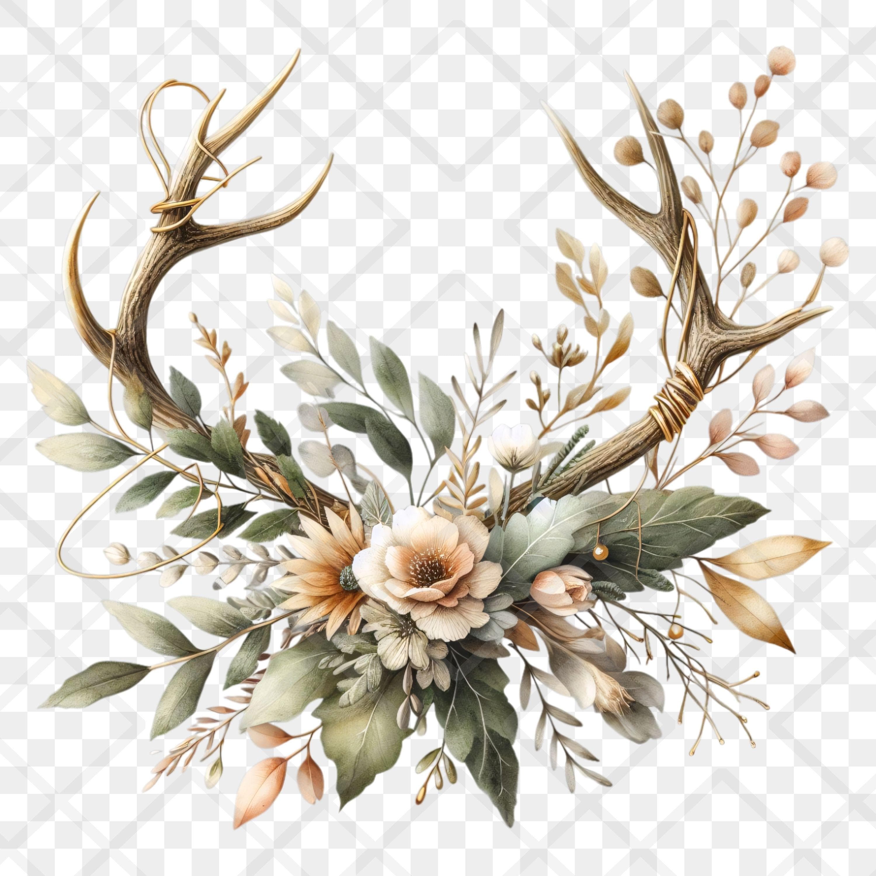 Rustic Antler Floral Clipart PNG | Boho Deer Horn Bouquet Watercolor Flowers Transparent Clip Art | Woodland Wedding PNG Scrapbooking Decor - image 4