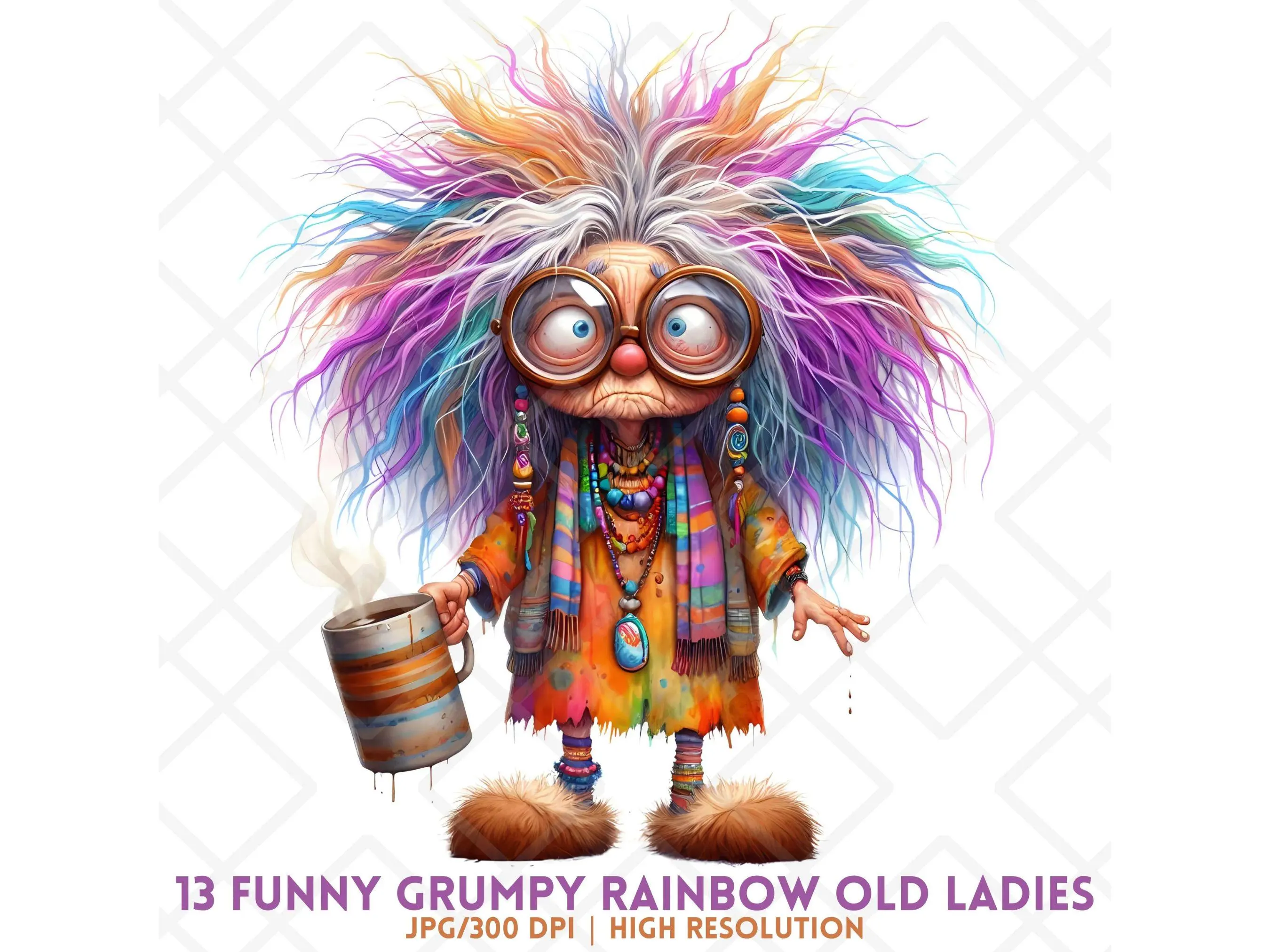 Funny Old Ladies Clipart, Grumpy Old Ladies with Rainbow Hair, Quirky Sleepy Coffee Lover Grandma, Cute Old Lady, Digital Sticker