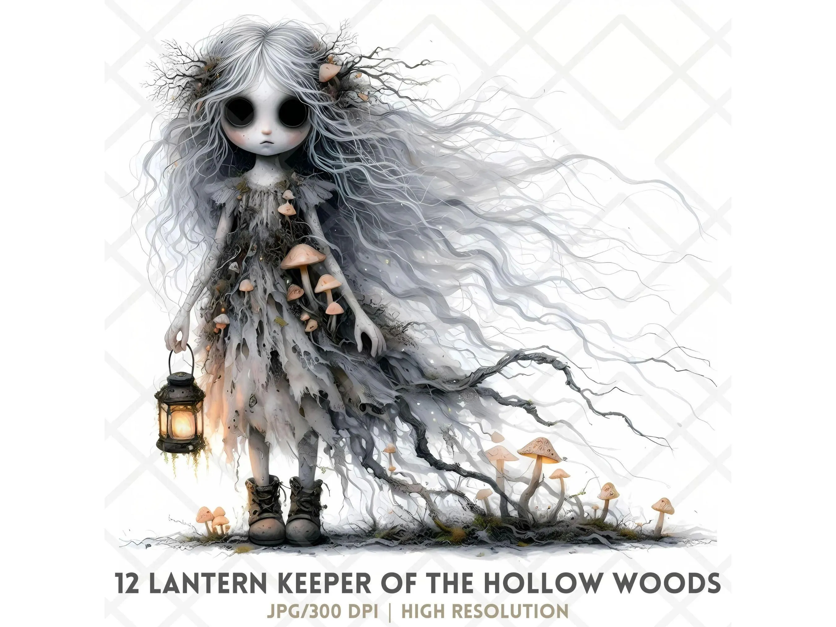 Haunted Forest Spirit Clipart, Ghostly Nymph, Gothic Lantern (JPG)