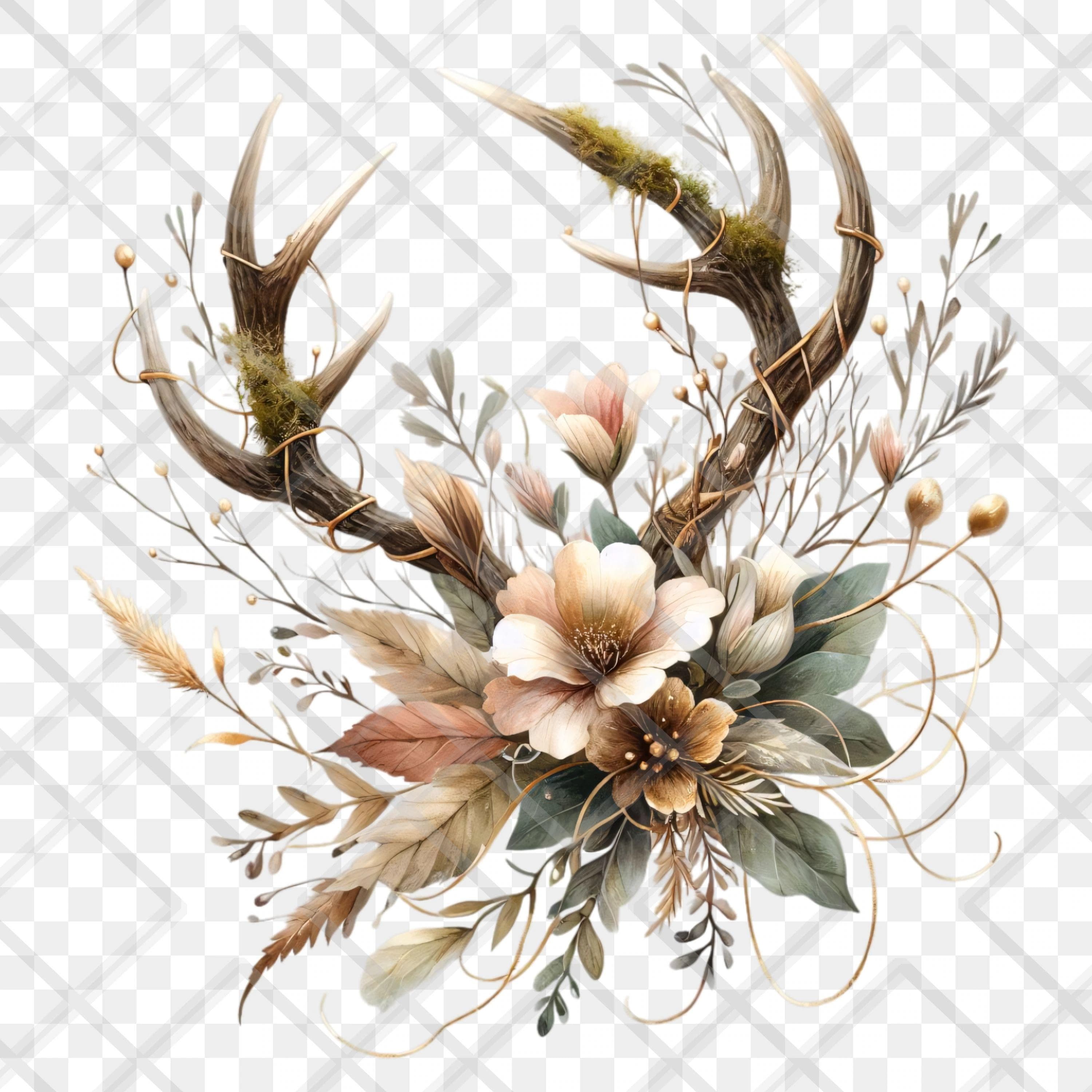 Rustic Antler Floral Clipart PNG | Boho Deer Horn Bouquet Watercolor Flowers Transparent Clip Art | Woodland Wedding PNG Scrapbooking Decor - image 5
