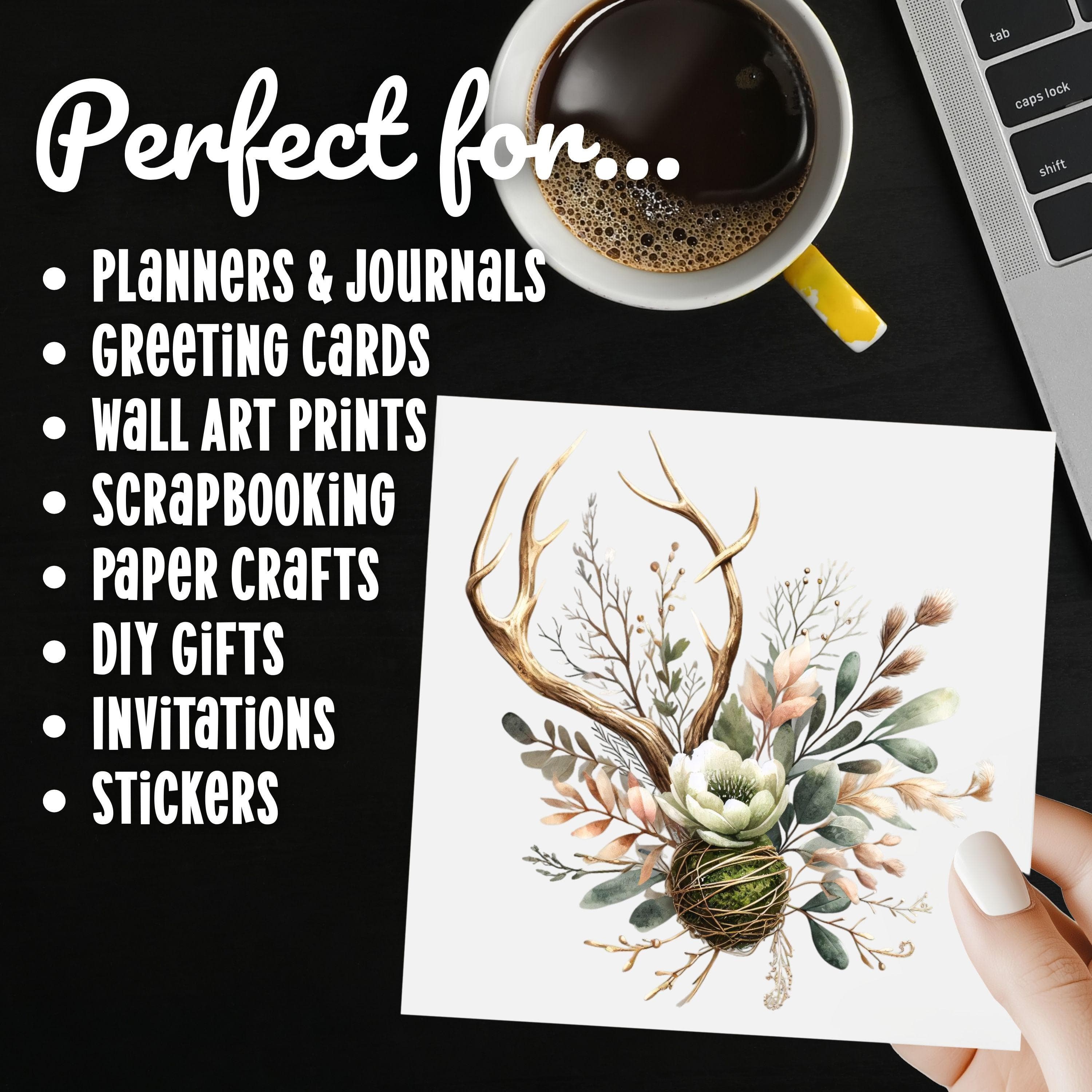 Rustic Antler Floral Clipart PNG | Boho Deer Horn Bouquet Watercolor Flowers Transparent Clip Art | Woodland Wedding PNG Scrapbooking Decor - image 3