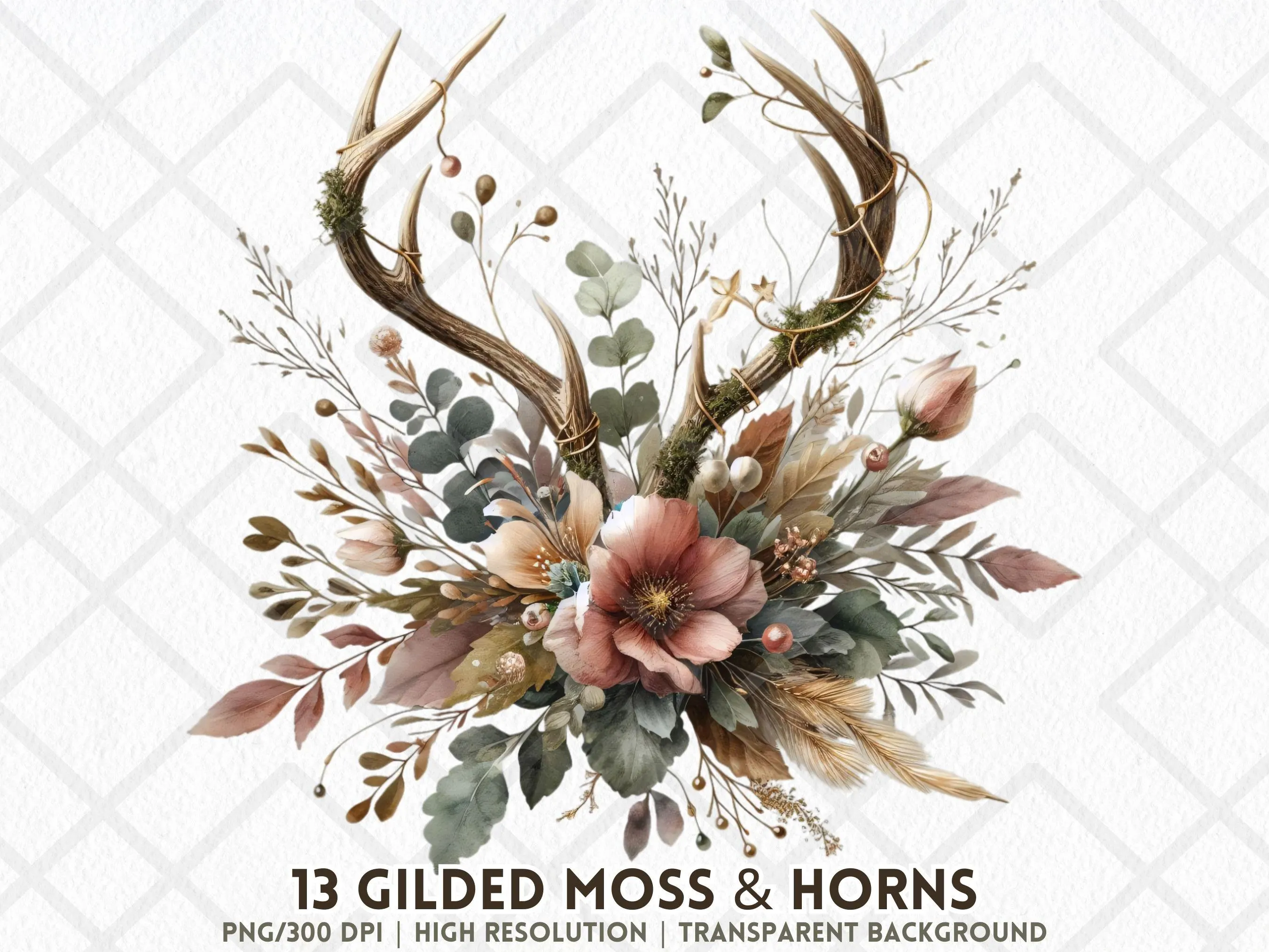Rustic Antler Floral Clipart PNG | Boho Deer Horn Bouquet Watercolor Flowers Transparent Clip Art | Woodland Wedding PNG Scrapbooking Decor