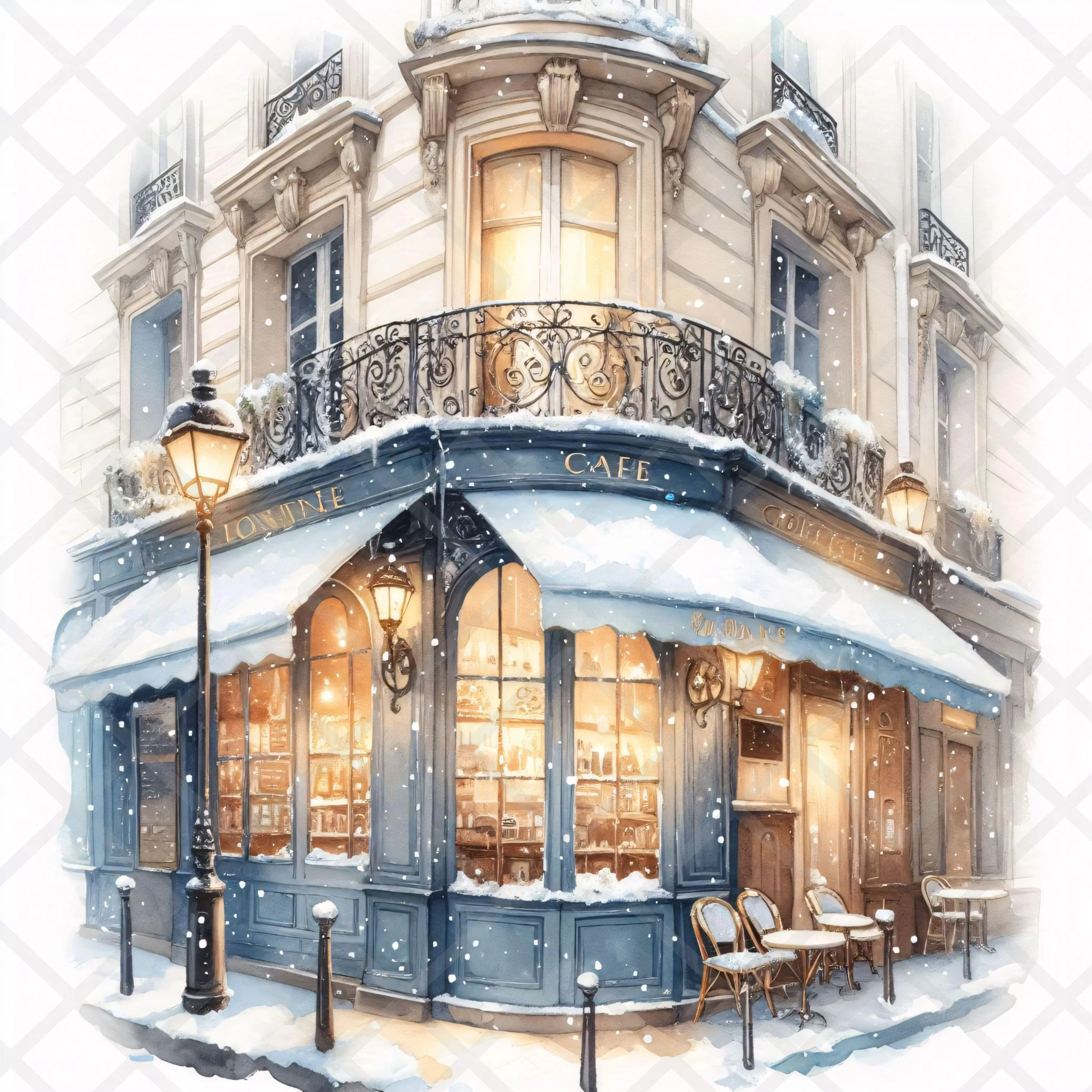 15 Parisian Winter Cafe JPG Clipart Watercolor Snowy Paris Café Clipart Winter Christmas Coffee Shop JPG Cards Scrapbooking Holiday Crafts