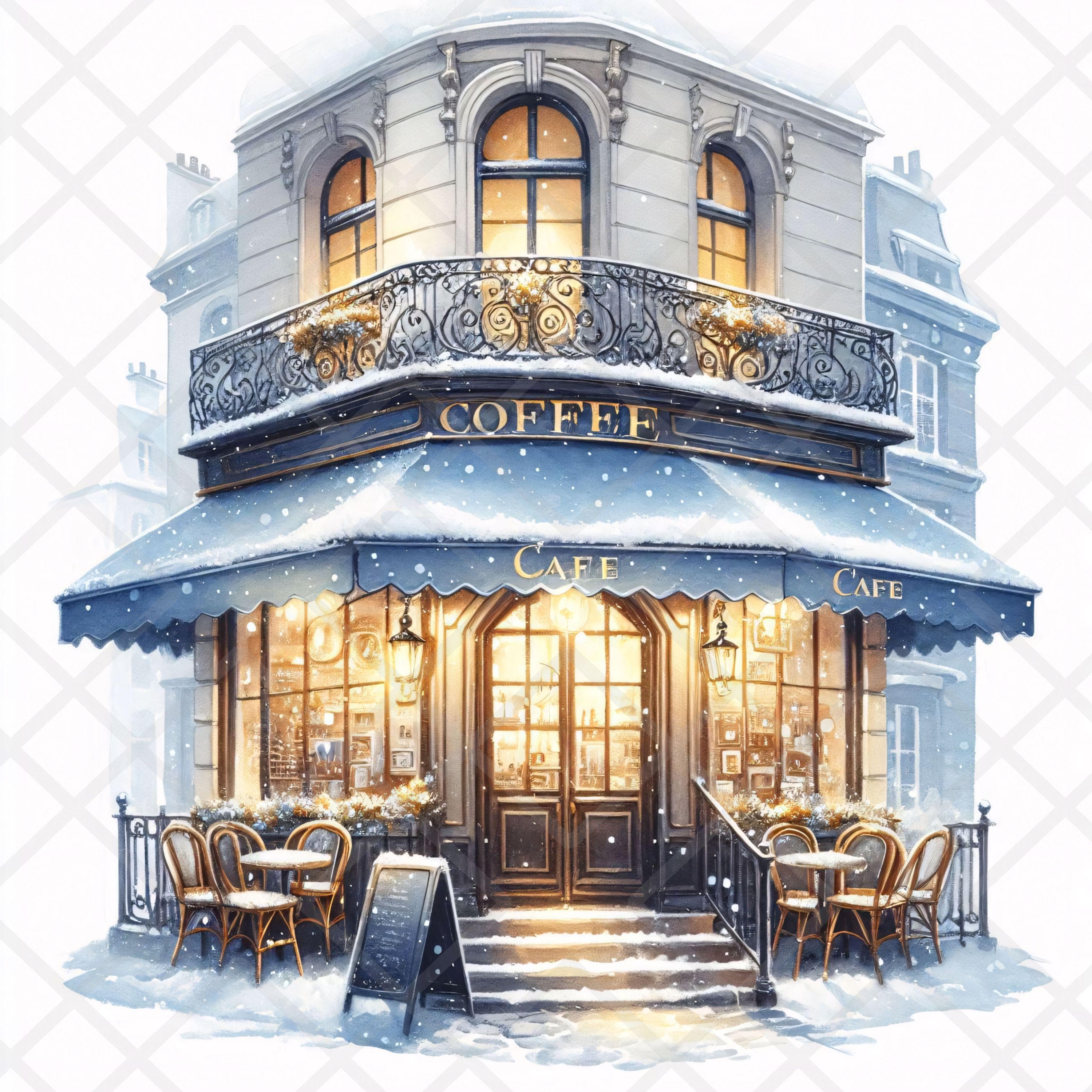 15 Parisian Winter Cafe JPG Clipart Watercolor Snowy Paris Café Clipart Winter Christmas Coffee Shop JPG Cards Scrapbooking Holiday Crafts - image 3