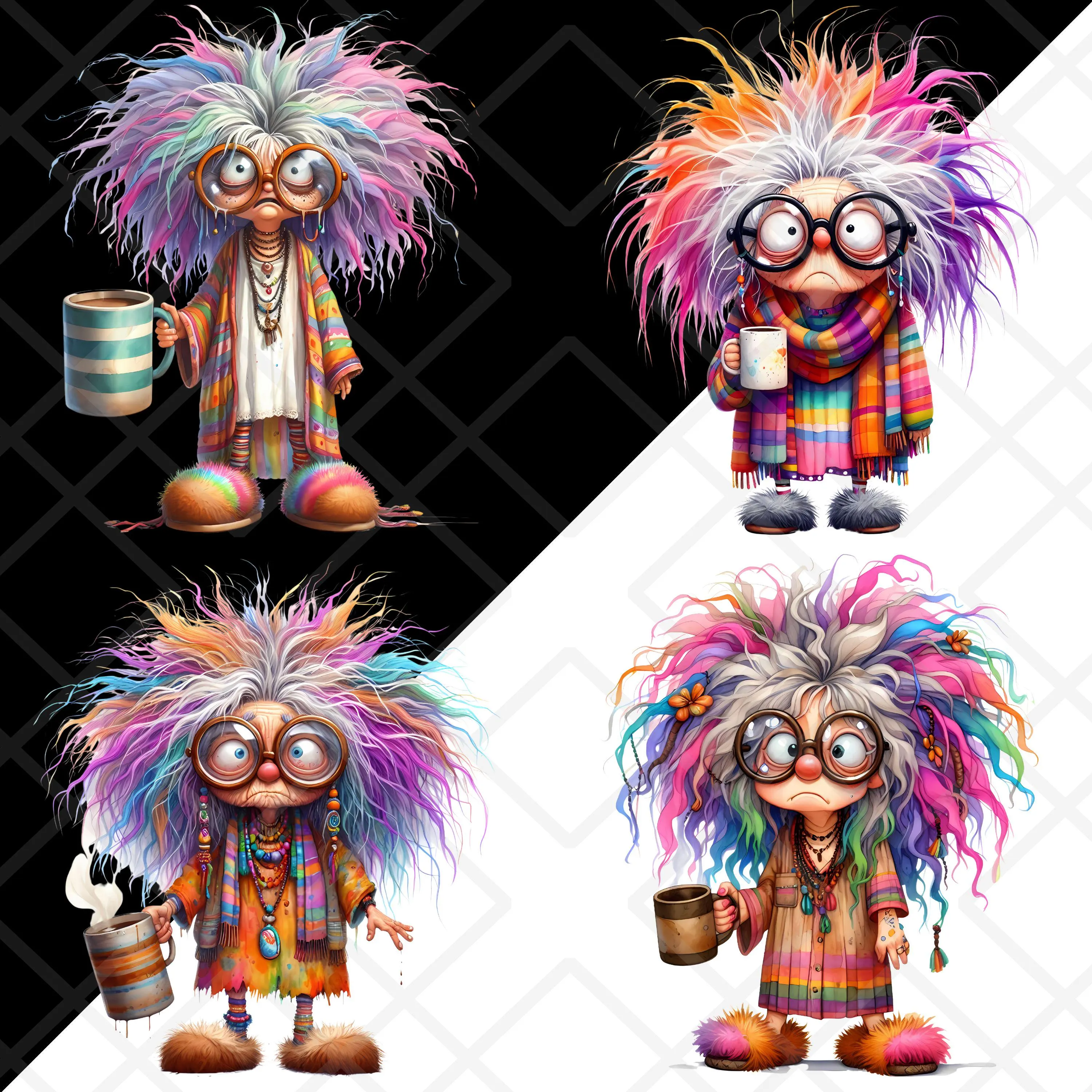 Funny Old Ladies Clipart, Grumpy Old Ladies with Rainbow Hair, Quirky Sleepy Coffee Lover Grandma, Cute Old Lady, Digital Sticker - image 4