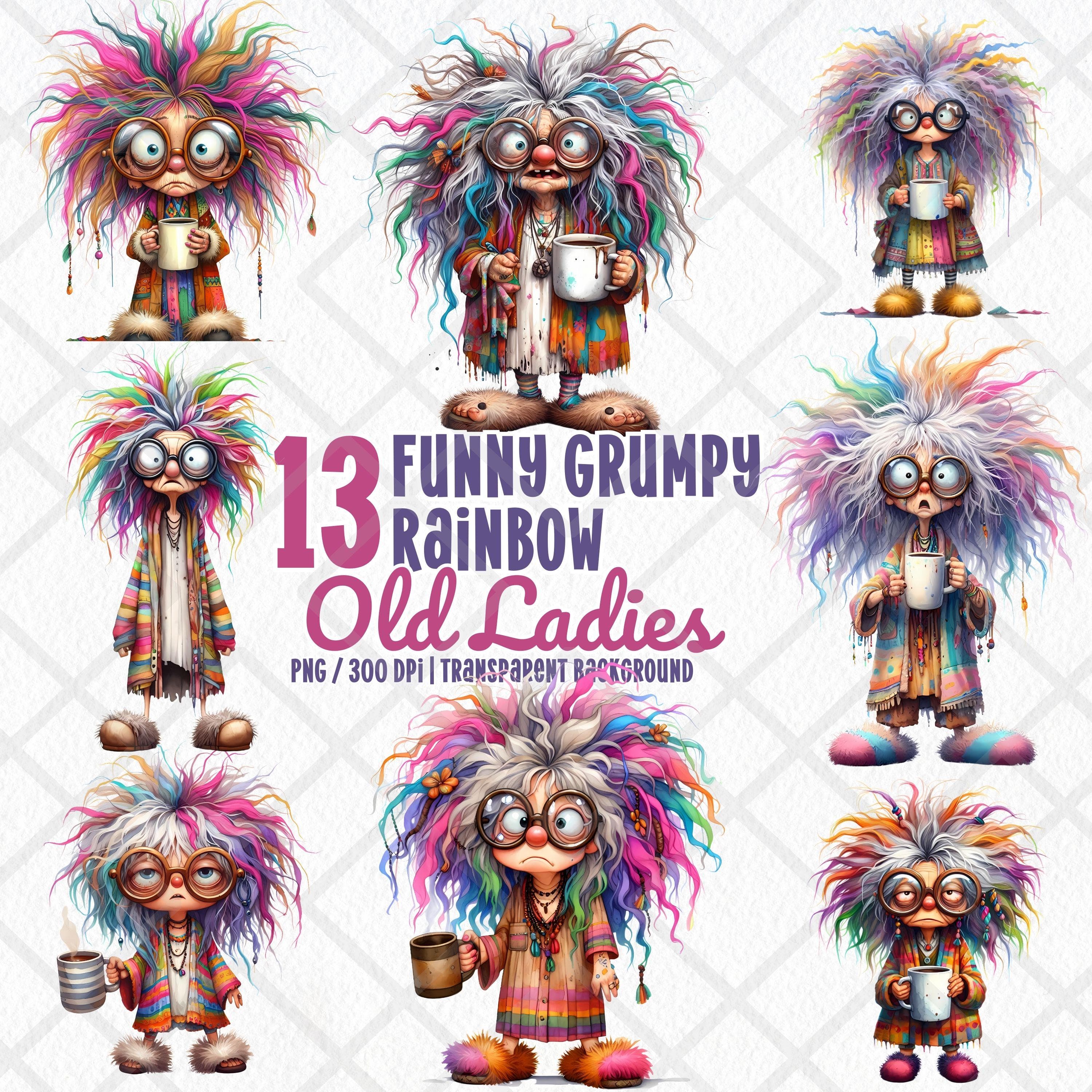 Funny Grumpy Old Ladies with Rainbow Hair, Quirky Sleepy Coffee Lover Grandma, Cute Old Lady Morning Mood, Whimsical Cozy Digital Sticker