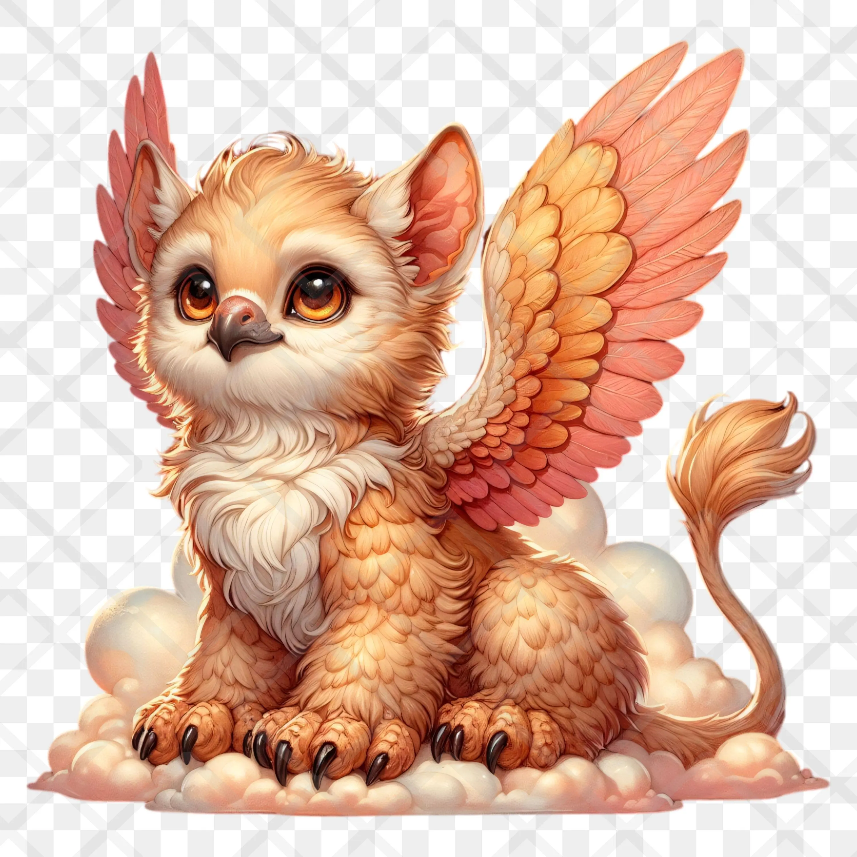 Cute Whimsical Sunblush Baby Griffin Clipart PNG, Peach Coral Fantasy Creature Watercolor Style Clip Art, High Quality Transparent Download - image 5