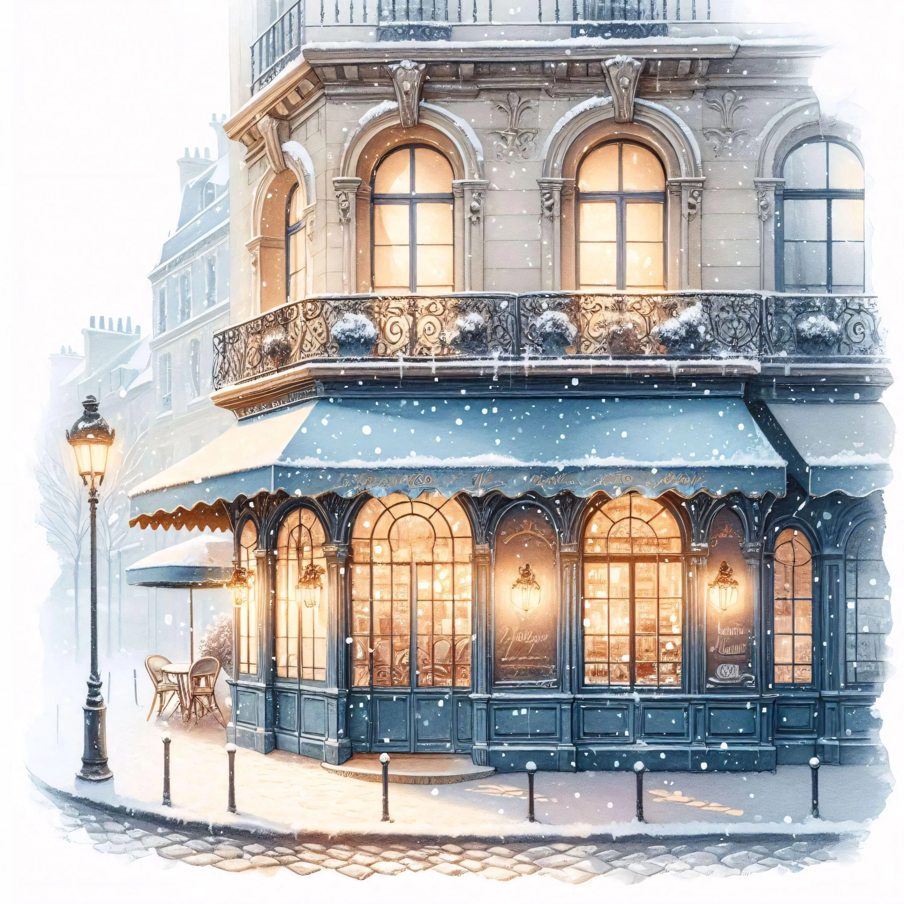 Snowy Paris café clipart featuring a glowing French coffee shop with arched windows, vintage balcony, blue awning, and soft falling snow. Cozy winter street scene for Christmas designs, cards, and sublimation.