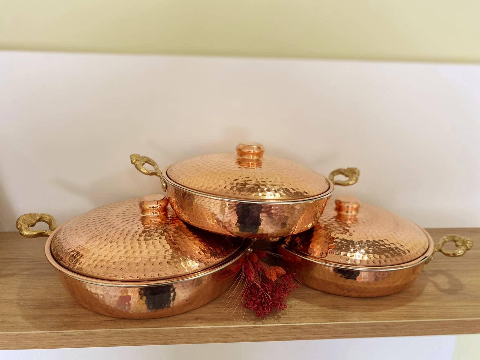 Copper Pan with Lid, Hammered Copper Cookware, Tin Lined Sauté Pan, Double Brass Handles, Handmade Turkish Serving Pan, Christmas Gifts - image 2