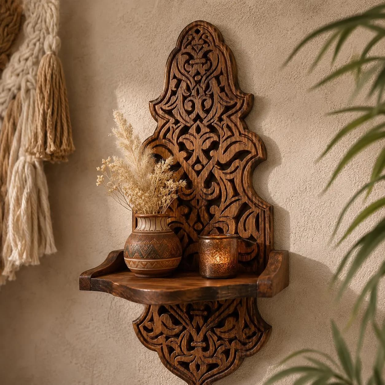 Carved Wooden Folding Ornate Wall Shelf,Decor Shelf,Candle Holder,Carved Wooden Shelf Decor Shelf,Christmas Gift,Bohemian Home Decoration - image 2