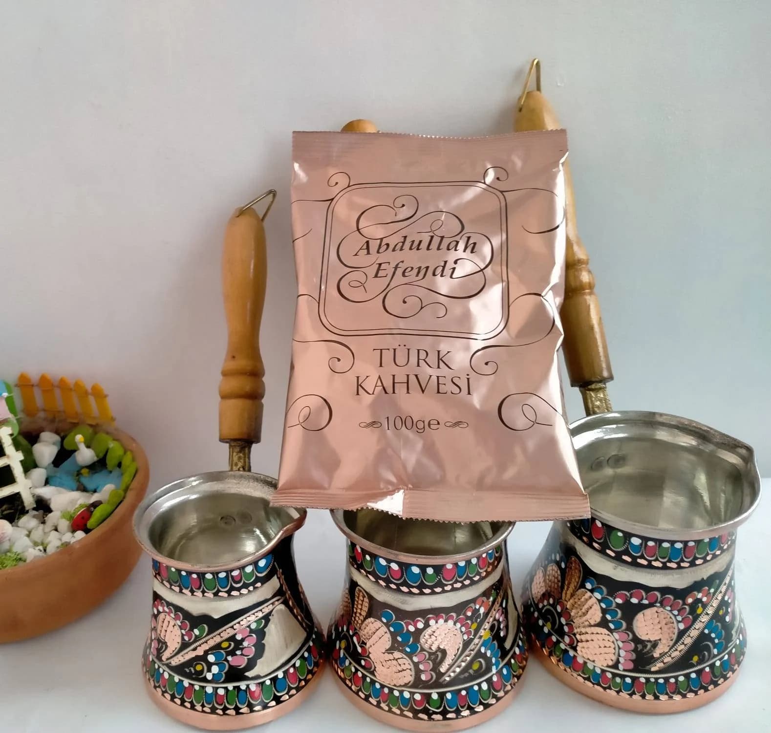 Handmade Turkish Copper Coffee Pot Set, Floral Engraved Decor - image 3