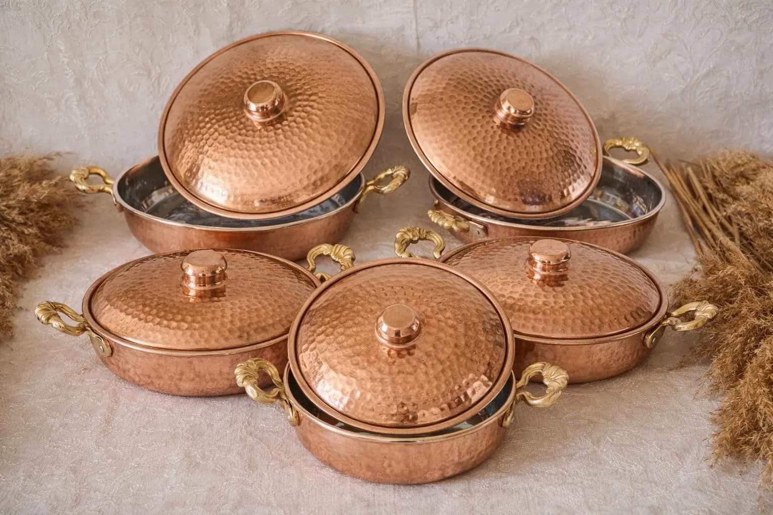 Copper Pan with Lid, Hammered Copper Cookware, Tin Lined Sauté Pan, Double Brass Handles, Handmade Turkish Serving Pan, Christmas Gifts
