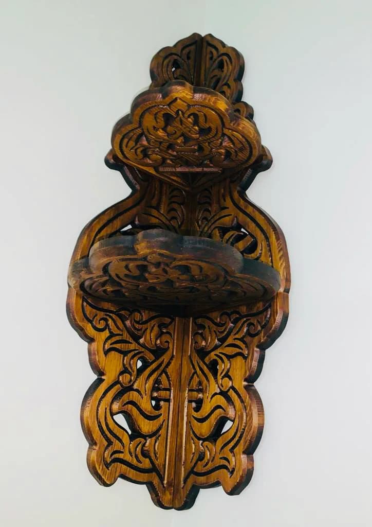 Hand-Carved Corner Wooden Shelf | Red Pine, Teak Finish, Seljuk Motif - image 3