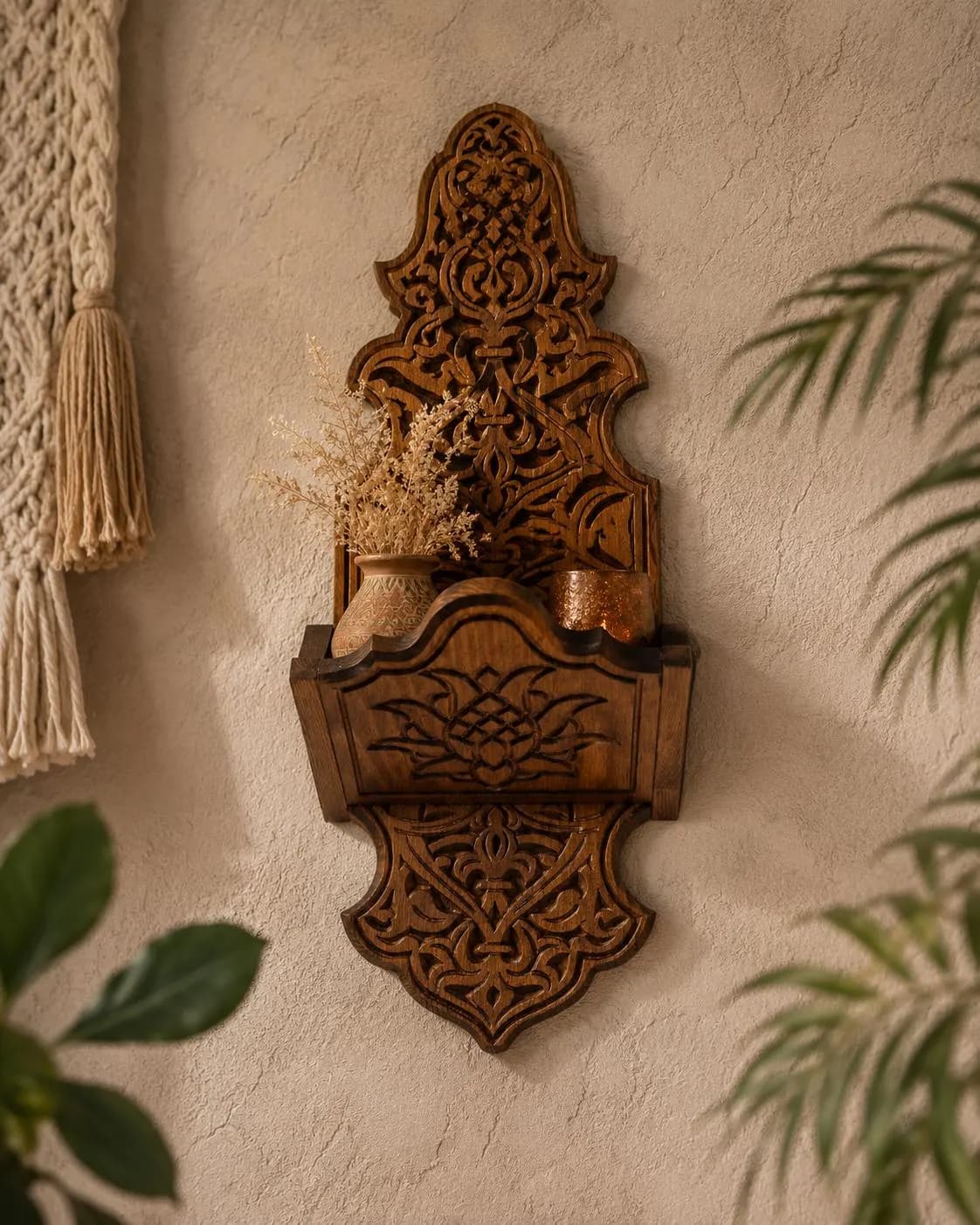 Carved Wooden Folding Ornate Wall Shelf,Decor Shelf,Candle Holder,Carved Wooden Shelf Decor Shelf,Christmas Gift,Bohemian Home Decoration - image 3