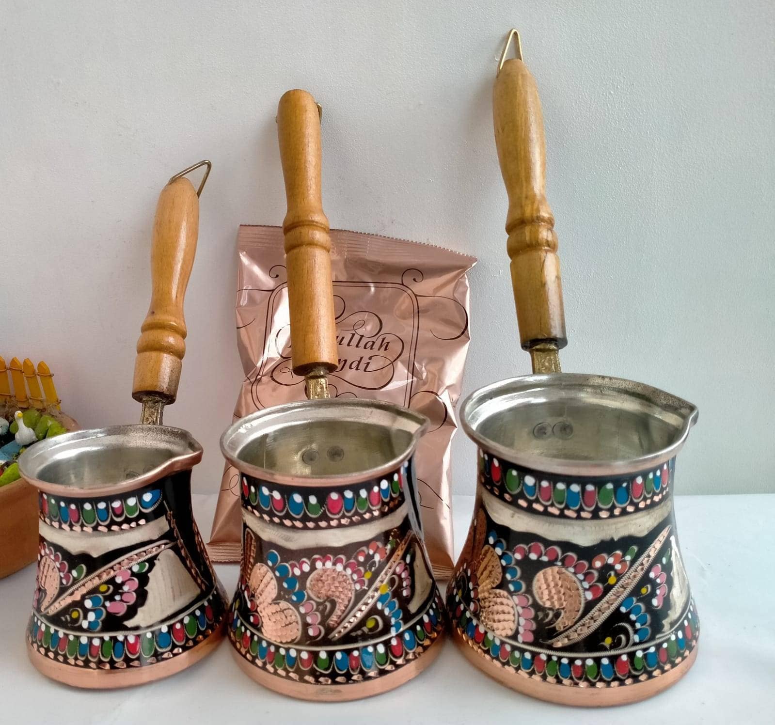 Handmade Turkish Copper Coffee Pot Set, Floral Engraved Decor
