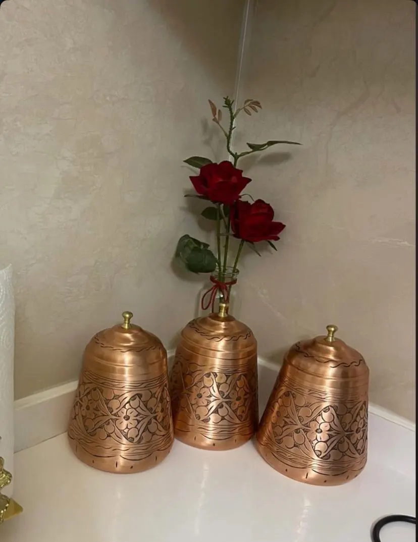 Hand Engraved Copper Jar Set of 3 | 1L Patterned Turkish Spice Canisters | Decorative Kitchen Storage | Christmas Gift | Handmade Art - image 3
