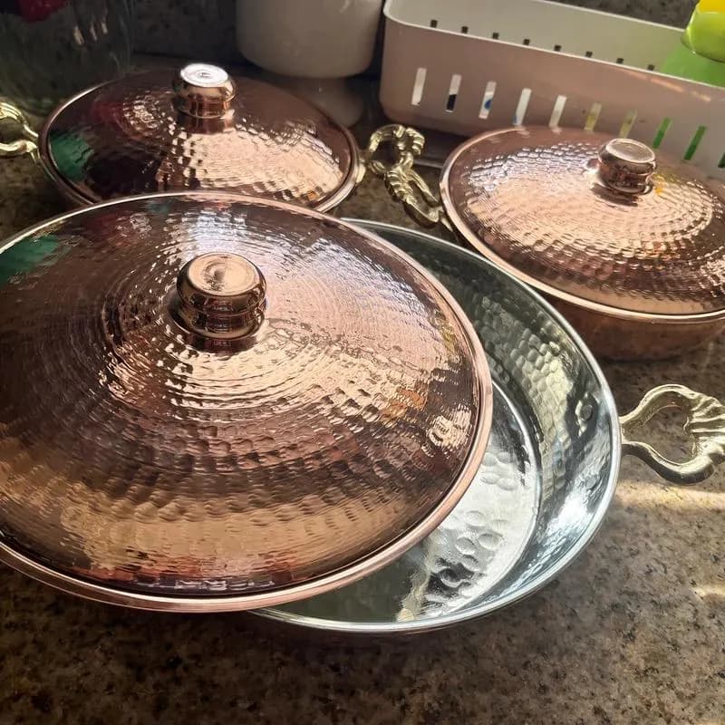 Copper Pan with Lid, Hammered Copper Cookware, Tin Lined Sauté Pan, Double Brass Handles, Handmade Turkish Serving Pan, Christmas Gifts - image 4