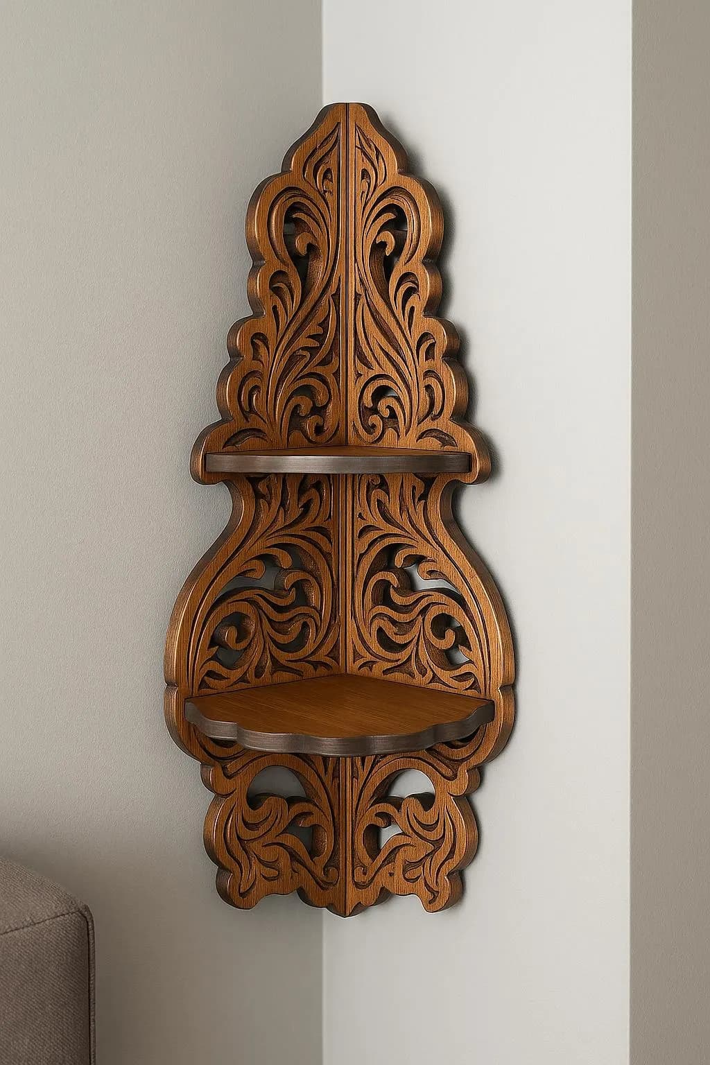 Hand-Carved Corner Wooden Shelf | Red Pine, Teak Finish, Seljuk Motif - image 5