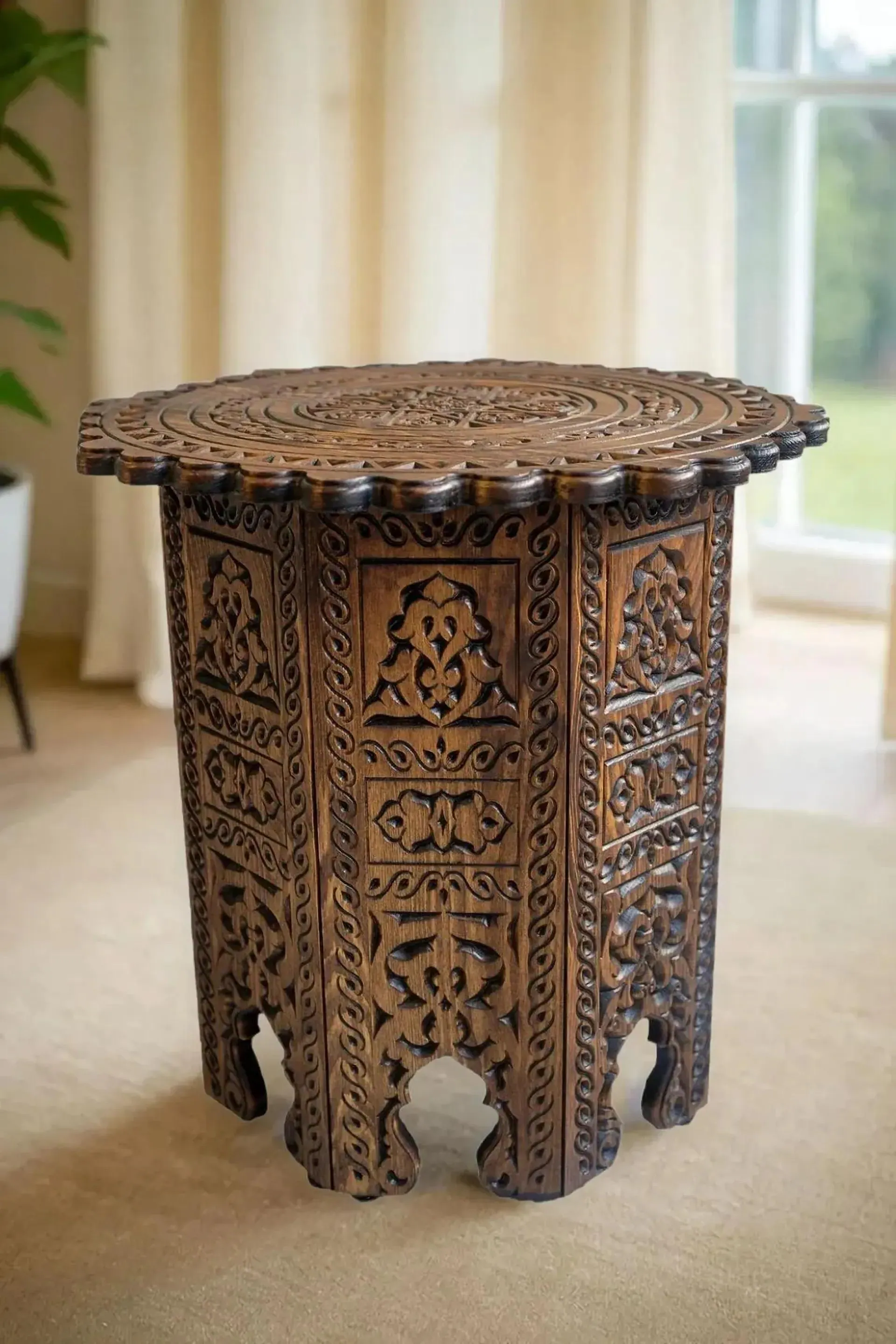 Wooden Coffee Table,Folding Table, Moroccan Turkish Handmade Coffee Table,Wood Carving Coffee Table,Folding Living Room Table,Christmas Gift - image 5