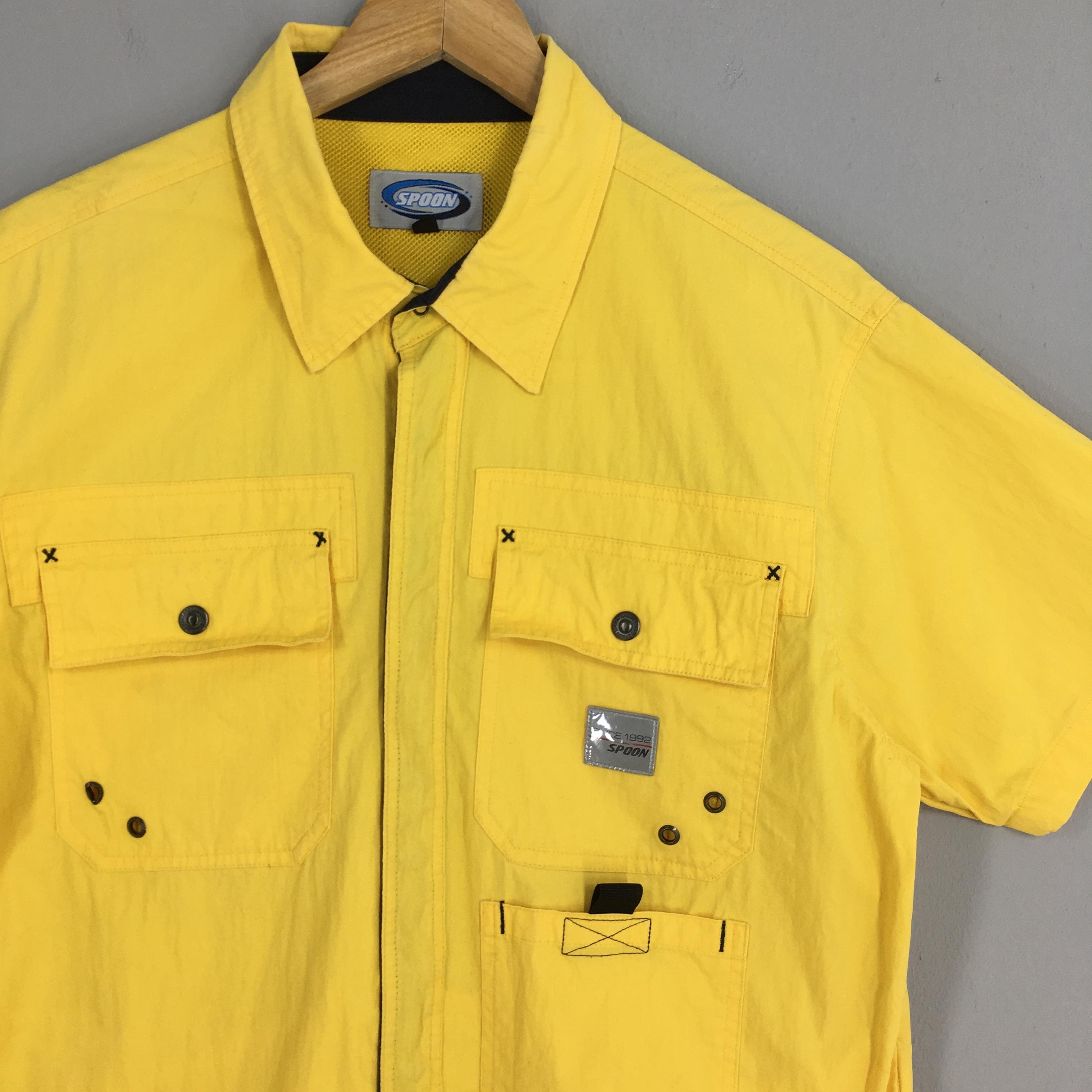 Vintage Spoon Honda Racing Team Yellow Shirt Medium 90s Honda Racing Team HRC Honda Spoon Tactical Button Honda Racing Tactical Shirt Size M - image 3