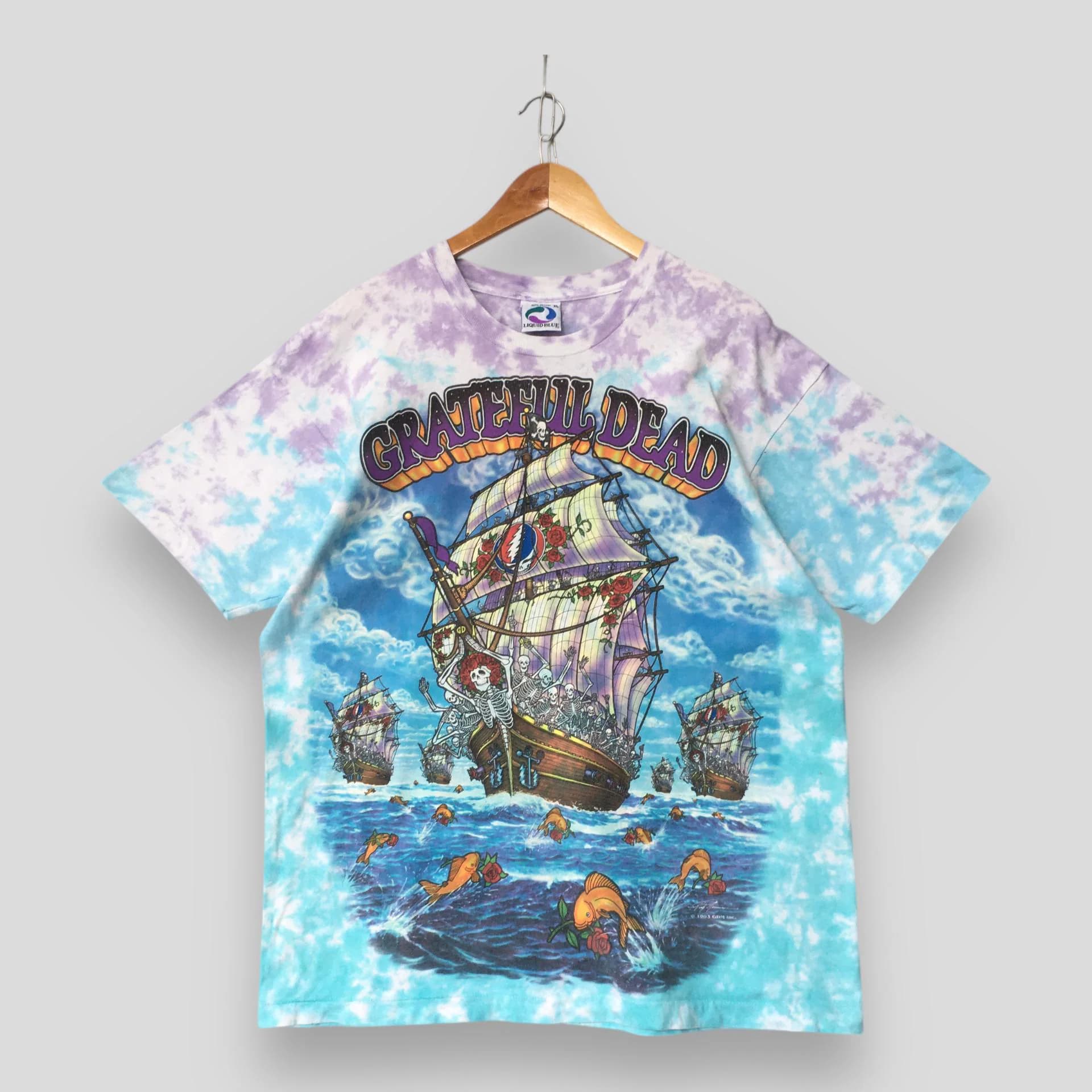 Vintage Grateful Dead Ship of Fools Tie Dye Tshirt XLarge 1993 GDM Ships Of Fools Printed Liquid Blue Psychedelic Rock Tour Concert Tee XL