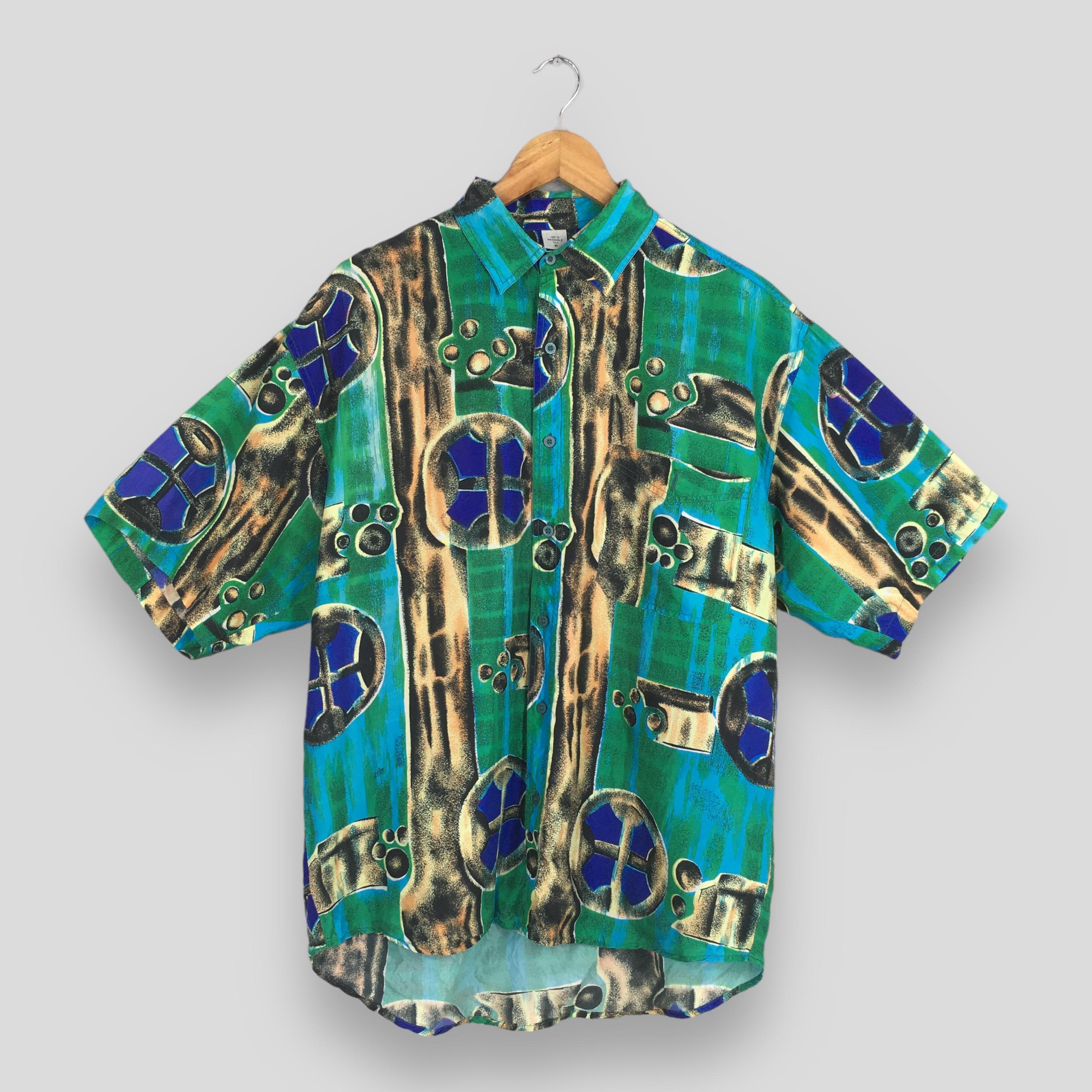Vintage Hawaiian Abstract Art Silk Multicolor Shirt Medium Beach Vacation Shirt Summer Surf Neon Green Button Down Surf Wear Aloha Size M