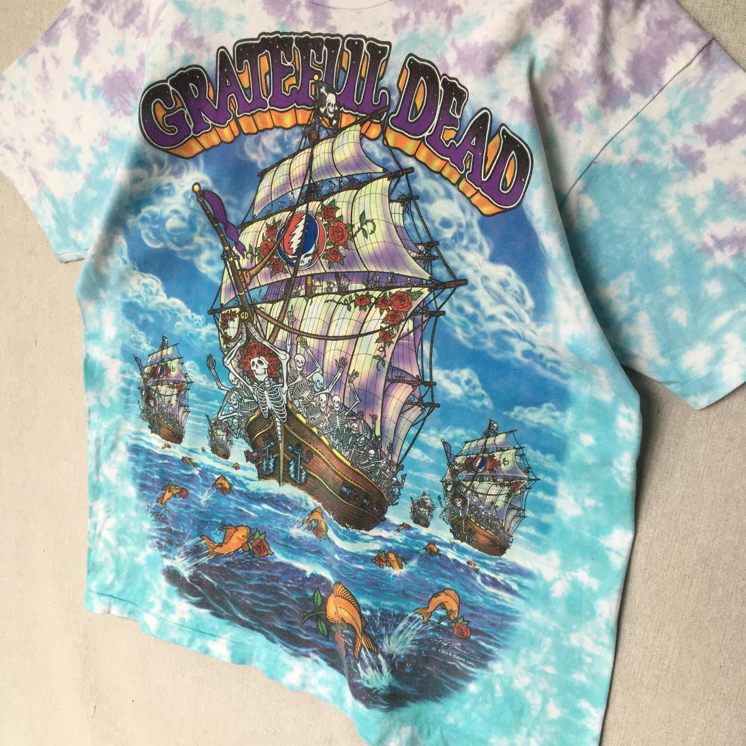 Vintage Grateful Dead Ship of Fools Tie Dye Tshirt XLarge 1993 GDM Ships Of Fools Printed Liquid Blue Psychedelic Rock Tour Concert Tee XL - image 3