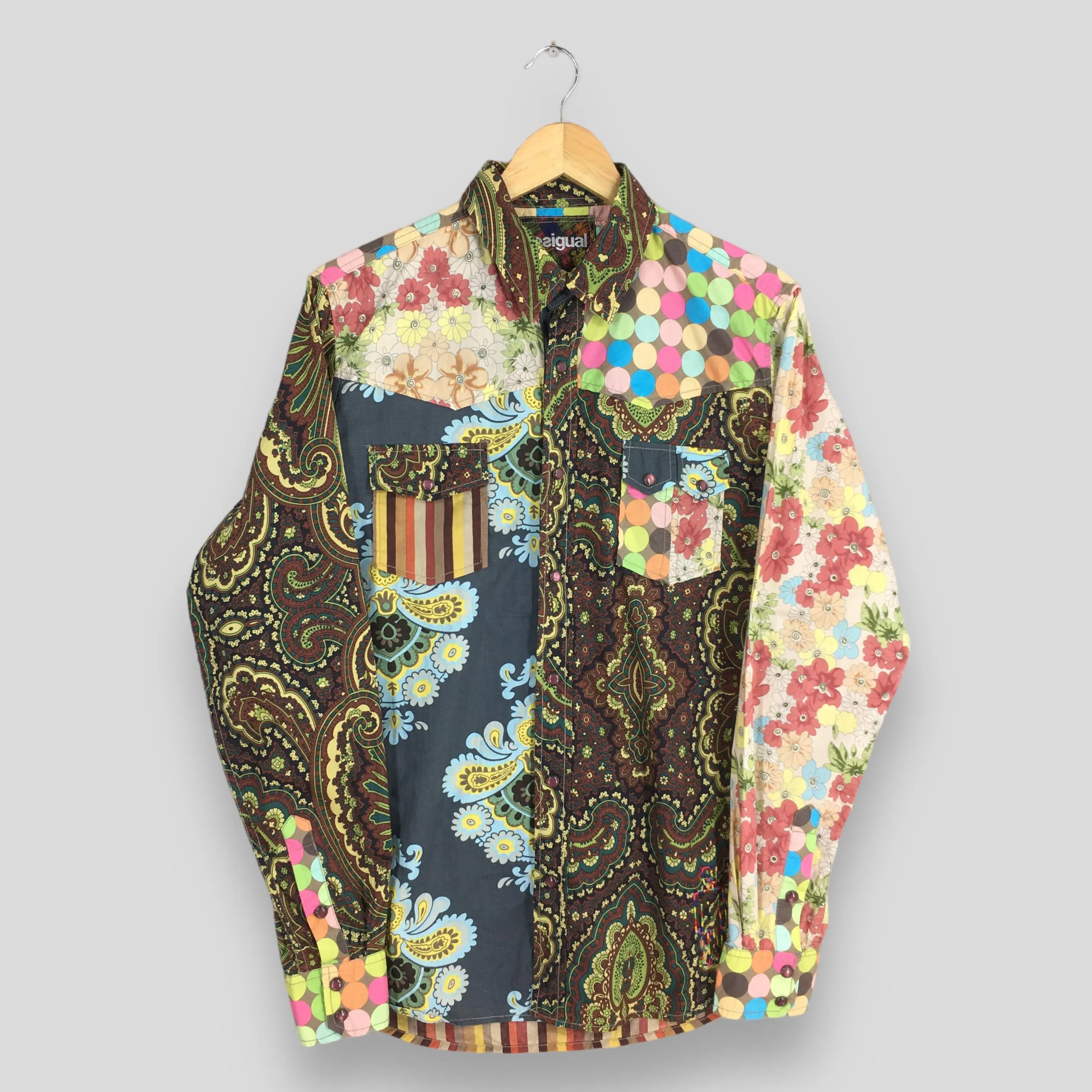 Vintage Y2K Desigual Funky Pop Art Multicolor Shirt Medium Retro Paisley Floral Oxfords Psychedelic Patchwork Pearl Snap Button Shirt Size M