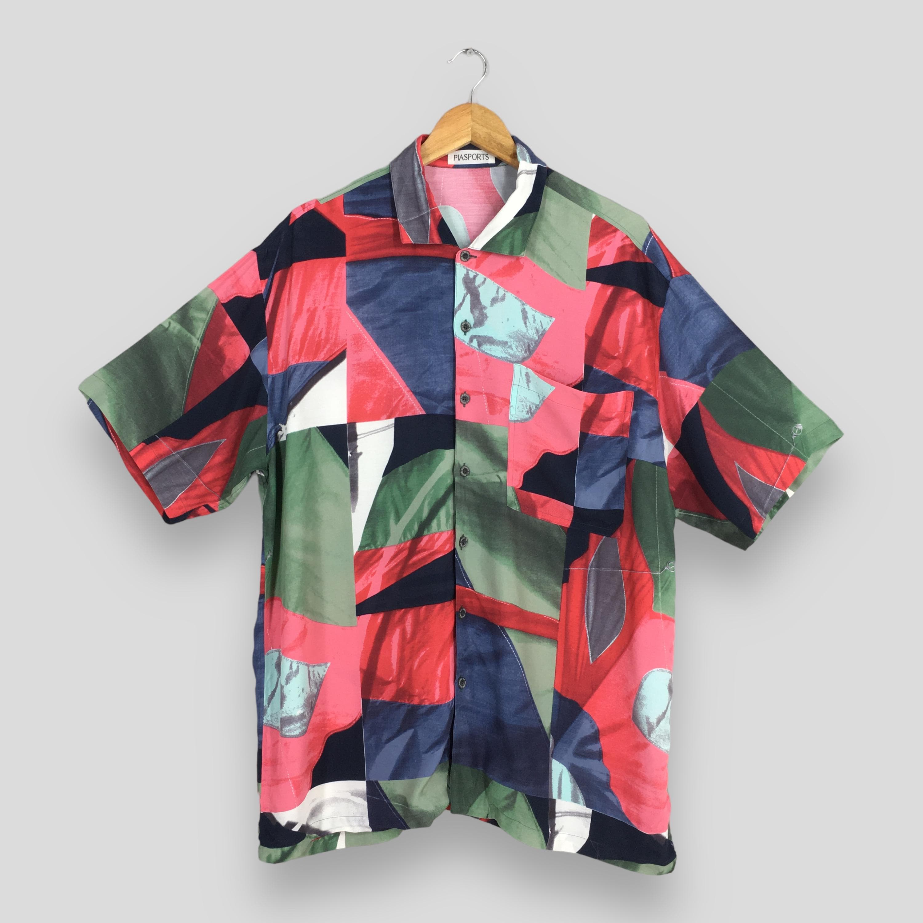 Vintage Pia Sports Funky Multicolor Abstract Pattern Rayon Shirt Large 90s Retro Artwork Summer Wear Ssychedelic Button Down Oxfords Size L