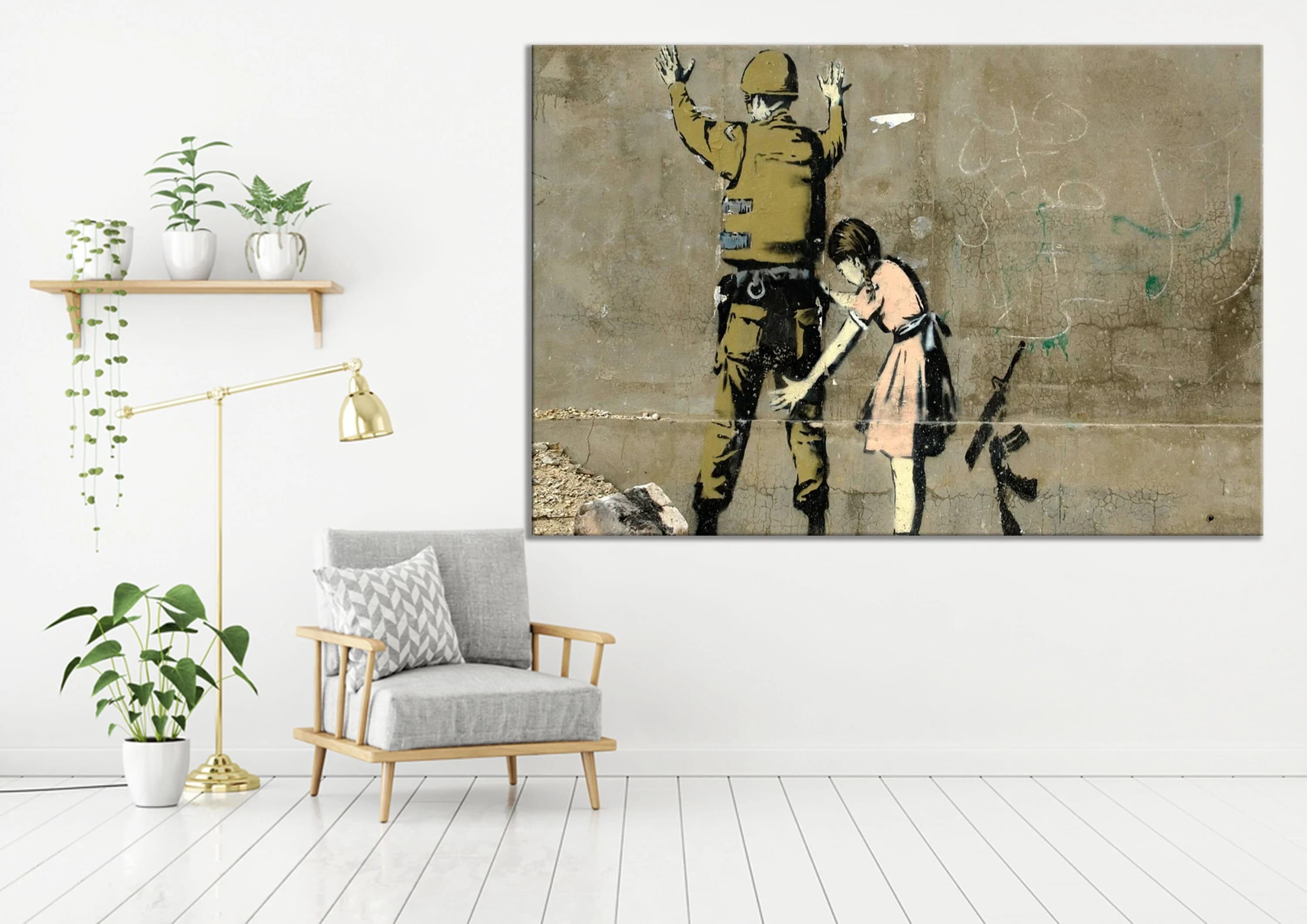 Banksy Style Canvas Print – Girl Searching Soldier, Urban Graffiti Art