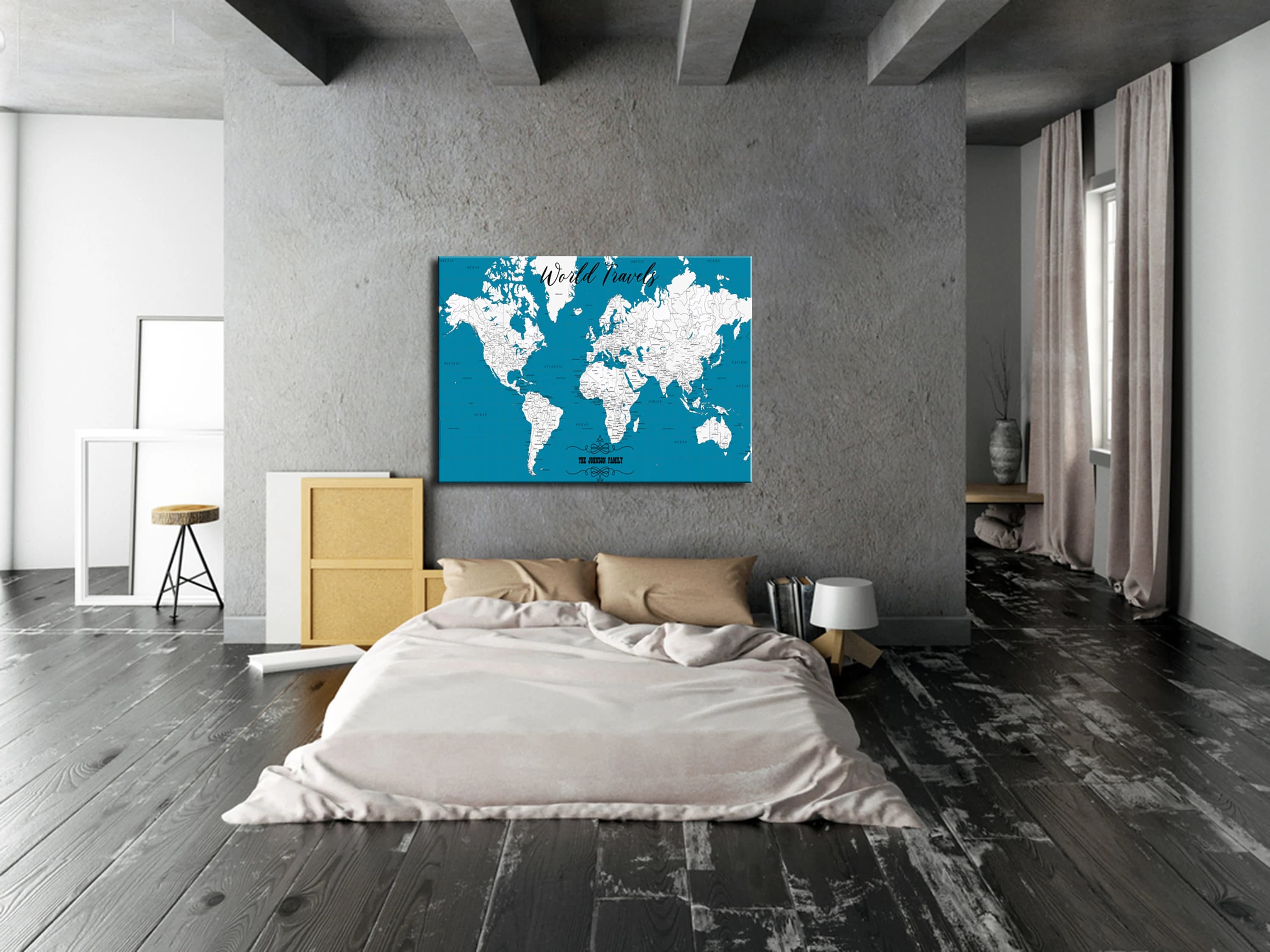 Turquoise World Map Push Pin Board, Personalized Travel Canvas - image 5