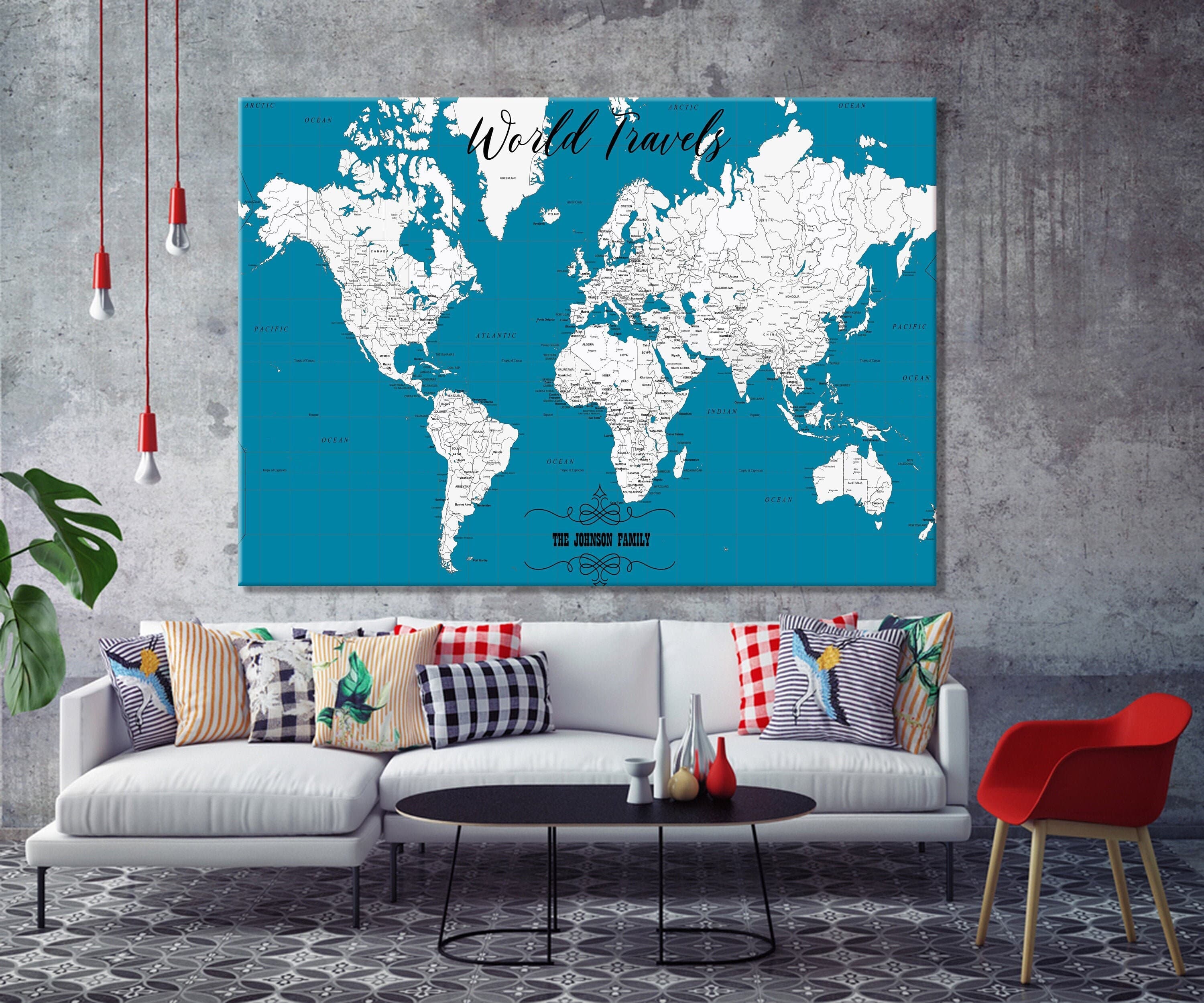 Turquoise World Map Push Pin Board, Personalized Travel Canvas