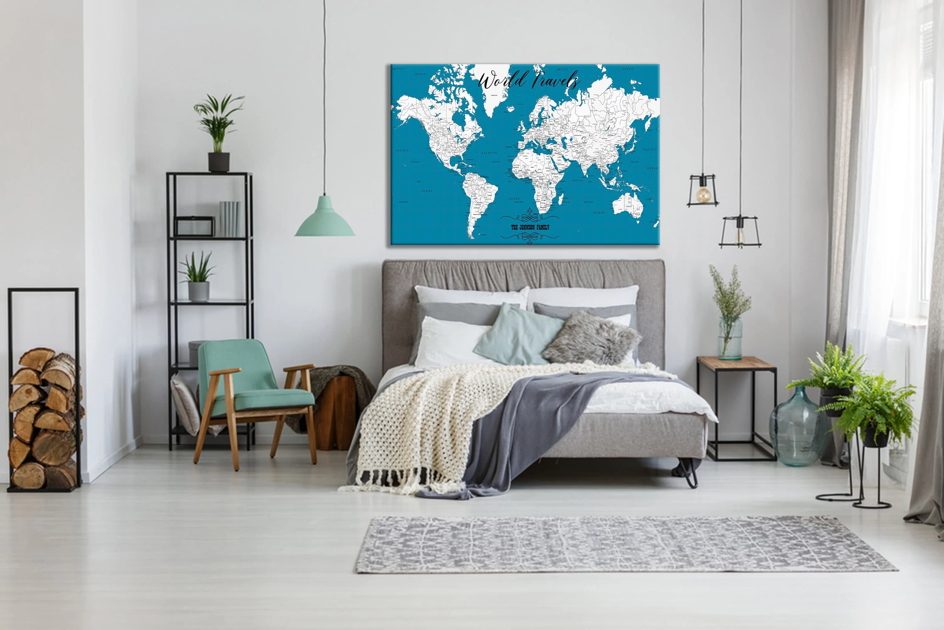 Turquoise World Map Push Pin Board, Personalized Travel Canvas - image 3