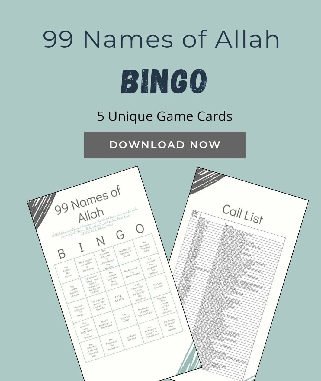 99 Names of Allah SWT Bingo Game (5 Unique Cards) Ramadan Eid Game (Instant Download)