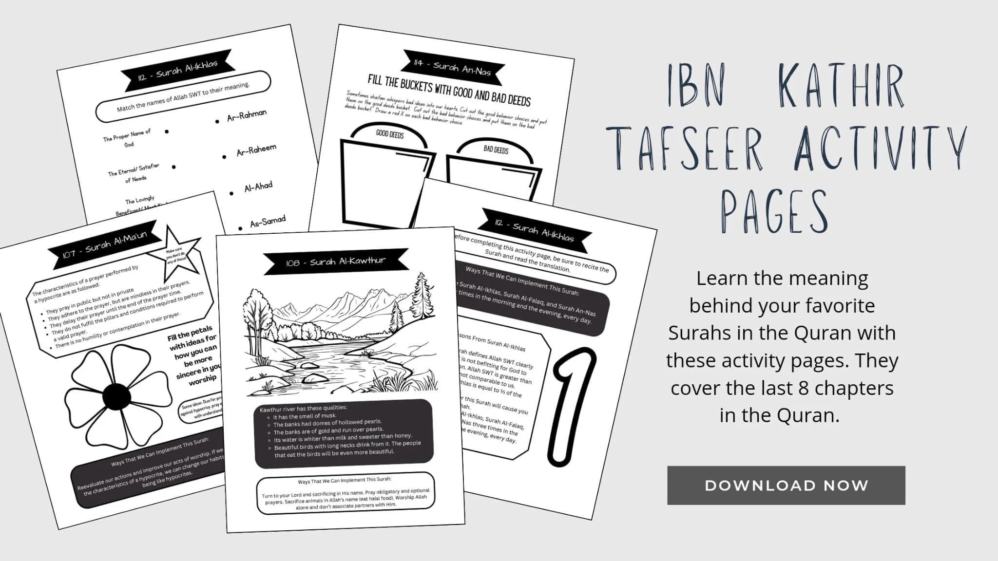 Tafseer Activity Pages Based On Tafseer Of Ibn Kathir 107-114 Surah Al-Ma'un to Surah An-Nas