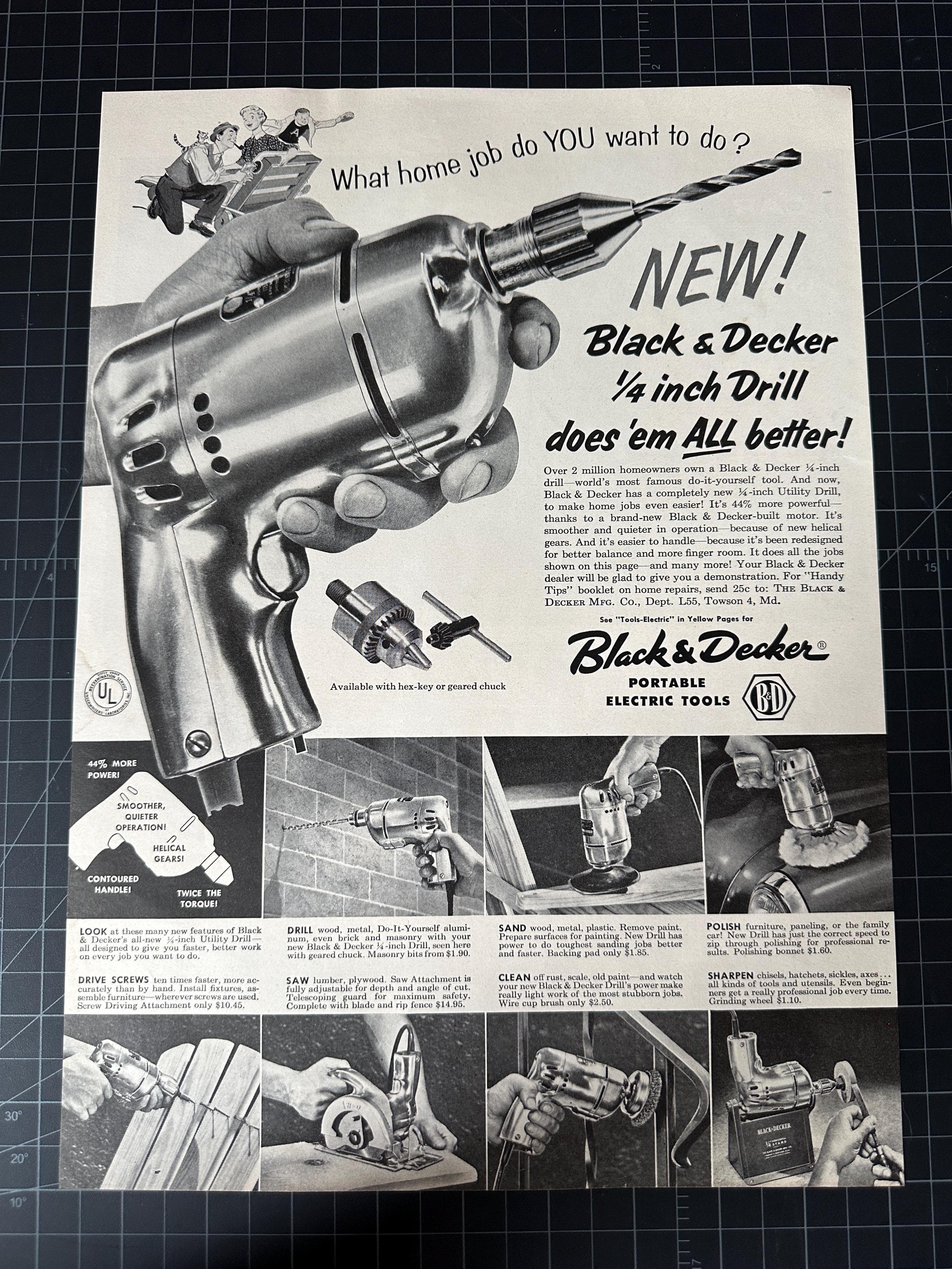 Vintage 1956 Black & Decker Drill Original Print Ad