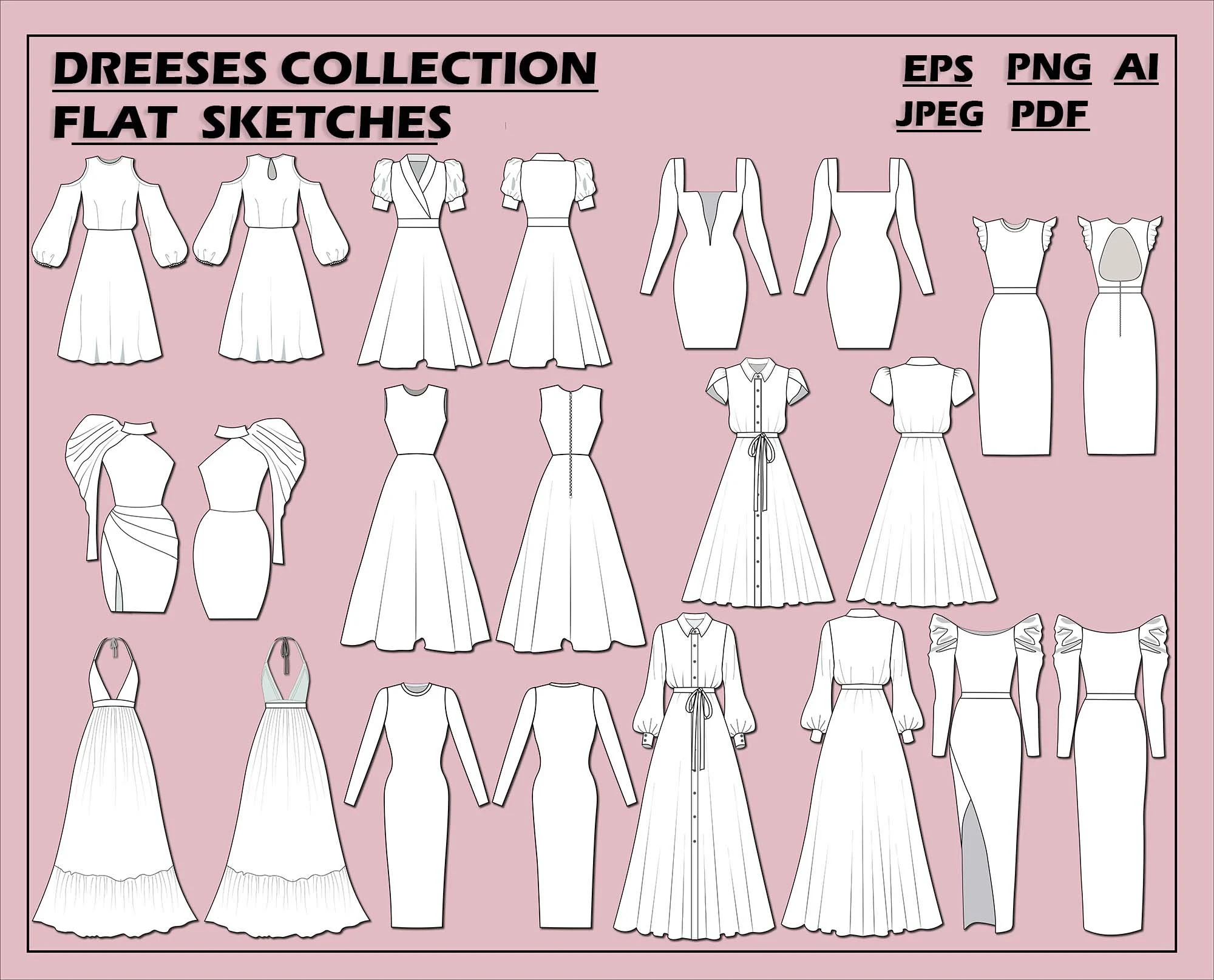 Dress Vector Bundle: Fashion Flat Sketches (Digital Download)